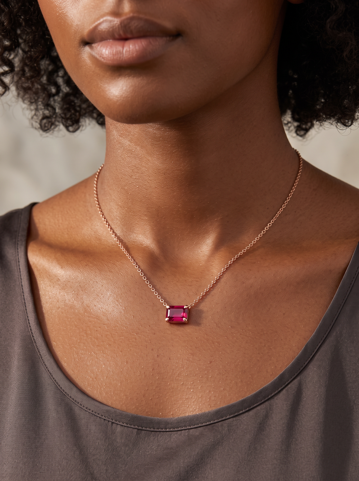 Lab-Grown Emerald-Cut Gemstone Necklace in 14K Rose Gold, Ruby, worn at the collarbone
