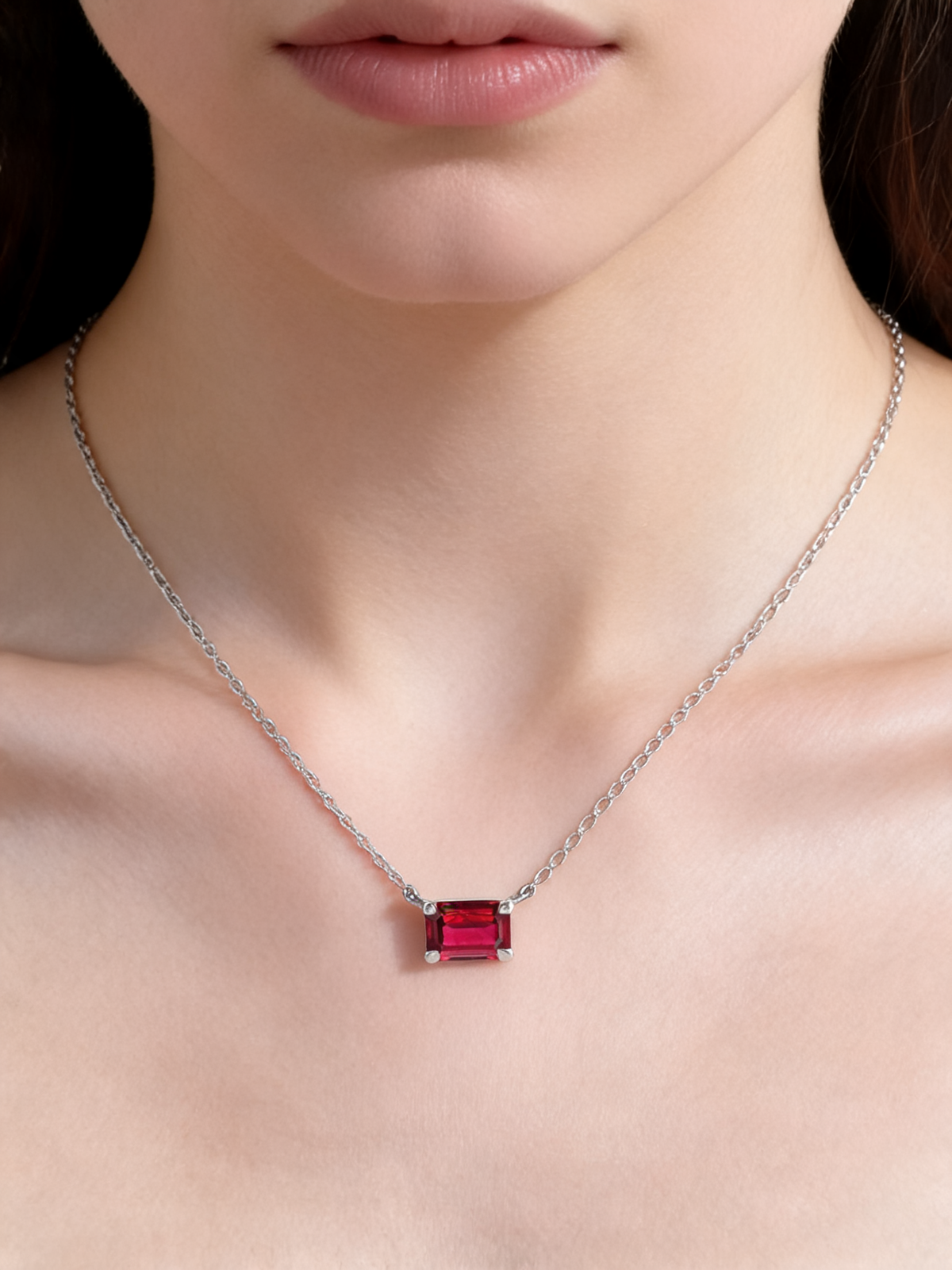 Lab-Grown Emerald-Cut Gemstone Necklace in 14K White Gold, Ruby, shown close at the collarbone
