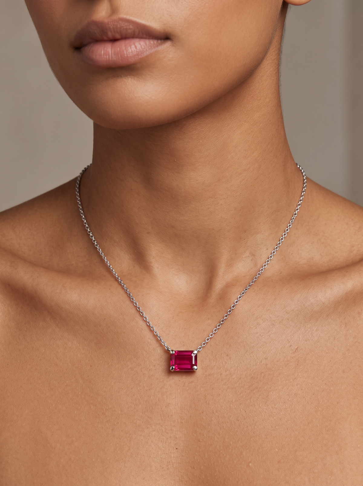 Lab-Grown Emerald-Cut Gemstone Necklace in 14K White Gold, Ruby, worn at the collarbone