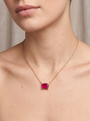 Lab-Grown Emerald-Cut Gemstone Necklace in 14K Yellow Gold, Ruby, worn at the collarbone