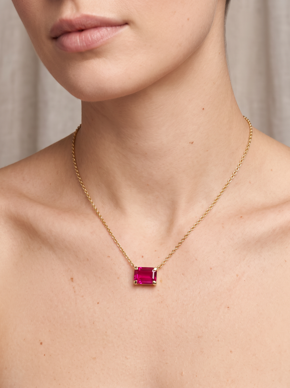 Lab-Grown Emerald-Cut Gemstone Necklace in 14K Yellow Gold, Ruby, worn at the collarbone