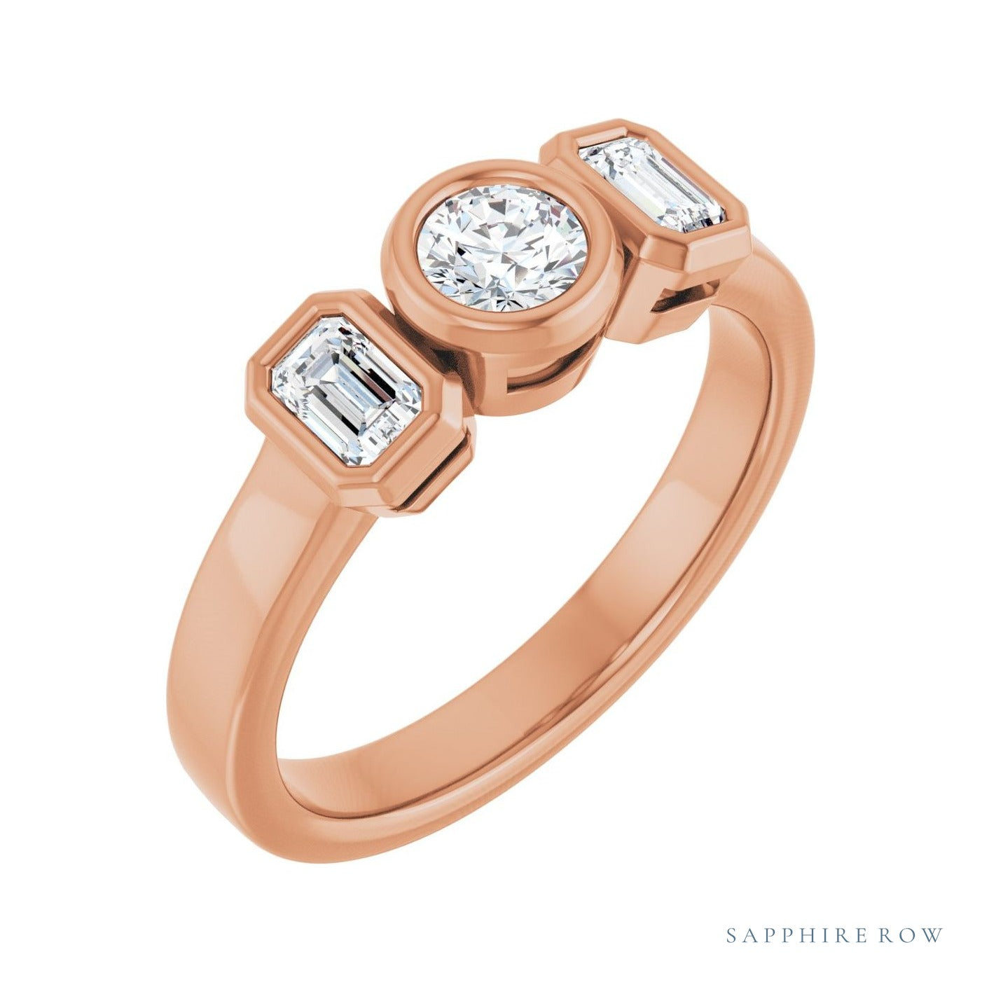 Sapphire Row Low-Profile Bezel-Set Three-Stone Engagement Ring (0.2-0.75 ct tw) setting in 14K Rose Gold, shown with a centre stone (sold separately)