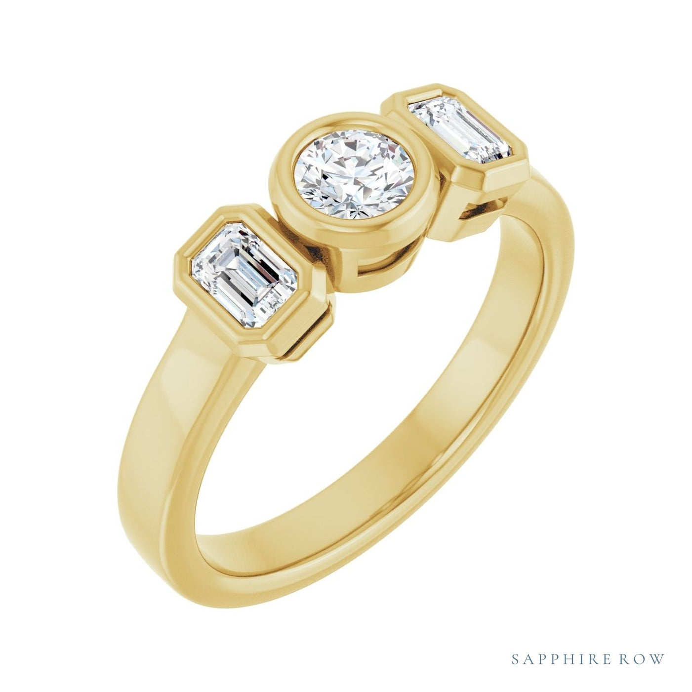 Sapphire Row Low-Profile Bezel-Set Three-Stone Engagement Ring (0.2-0.75 ct tw) setting in 14K Yellow Gold, shown with a centre stone (sold separately)