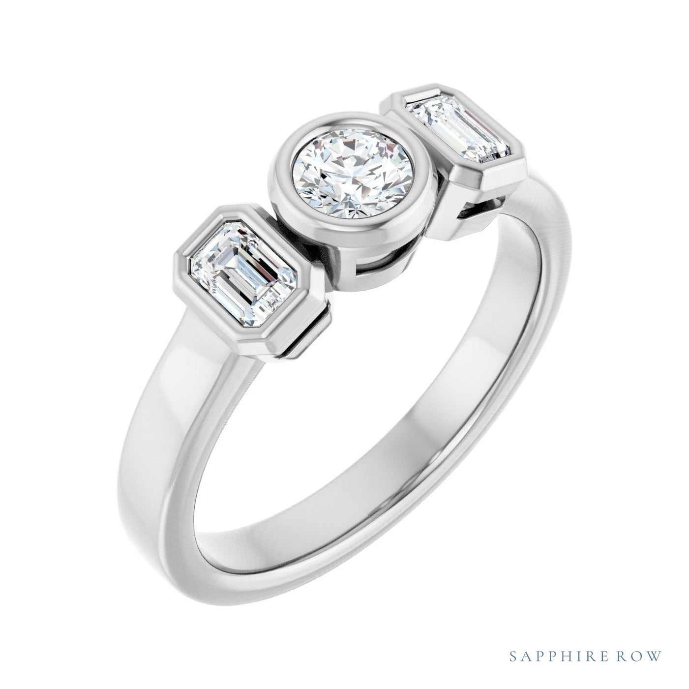 Sapphire Row Low-Profile Bezel-Set Three-Stone Engagement Ring (0.2-0.75 ct tw) setting in Platinum, shown with a centre stone (sold separately)