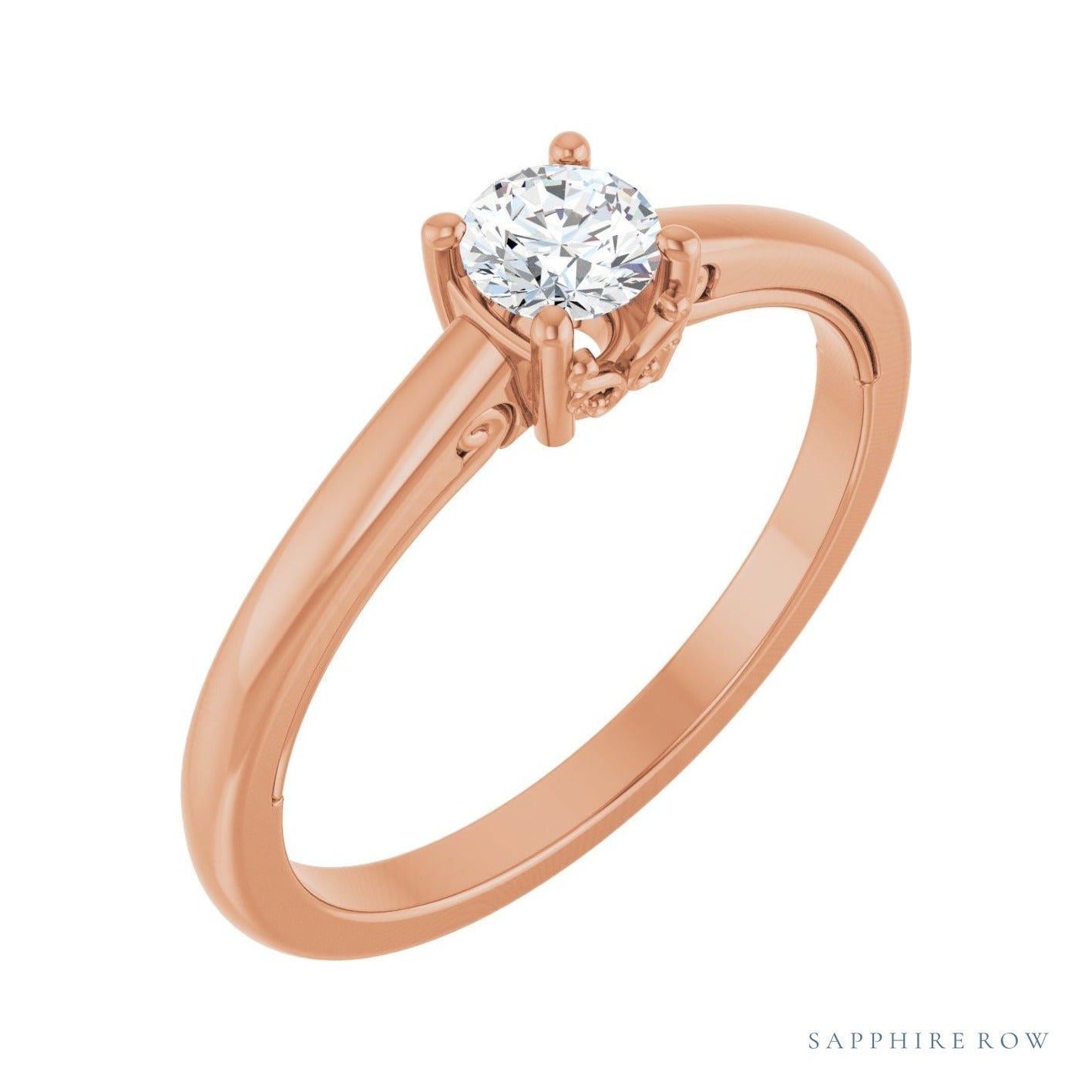 Sapphire Row Elongated-Stone Solitaire Vintage-Inspired Scroll Engagement Ring setting in 14K Rose Gold, shown with a centre stone (sold separately)