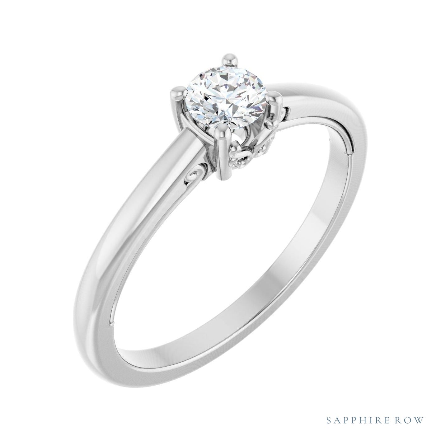 Sapphire Row Elongated-Stone Solitaire Vintage-Inspired Scroll Engagement Ring setting in Platinum, shown with a centre stone (sold separately)
