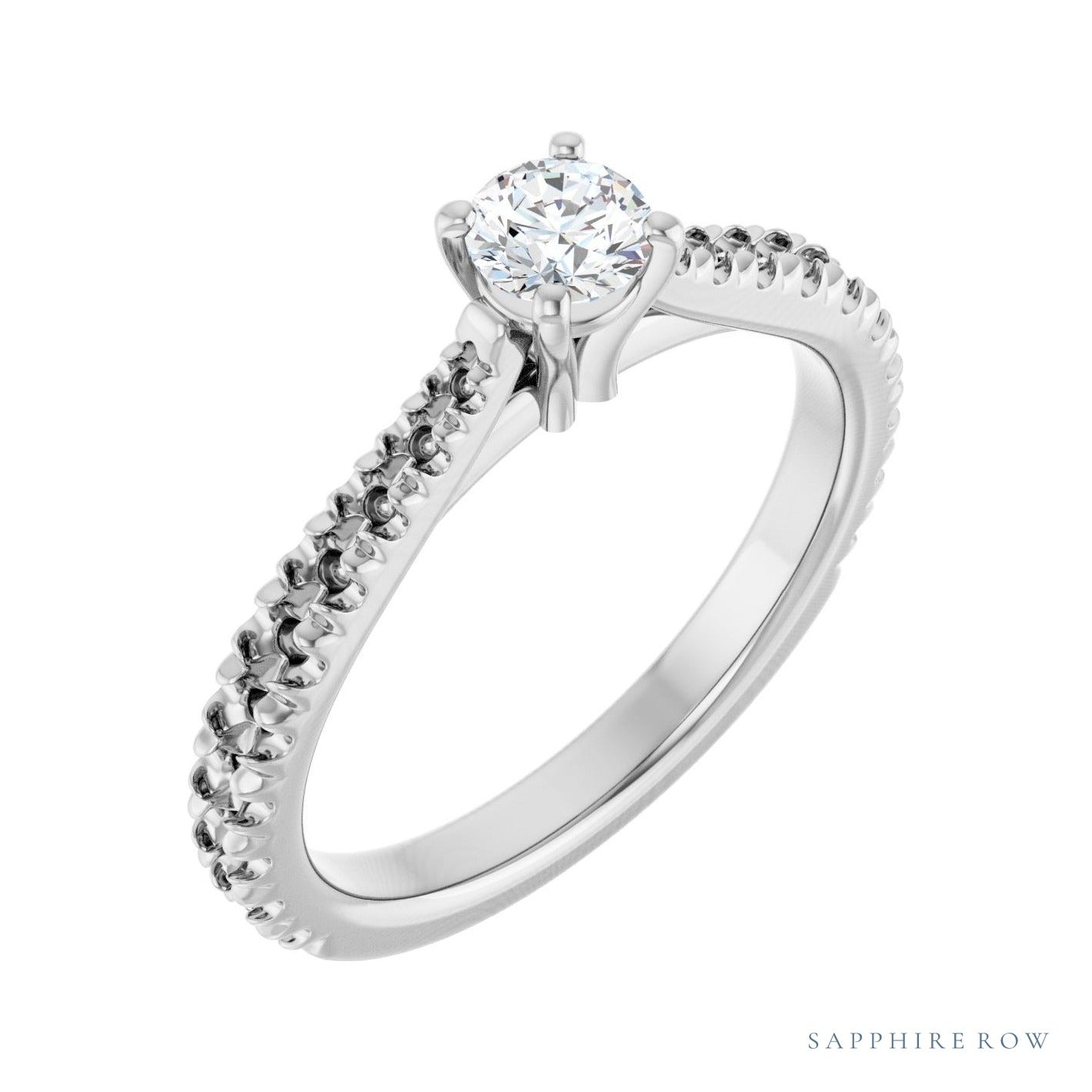 Sapphire Row Solitaire Engagement Ring setting in 14K White Gold, shown with a centre stone (sold separately)