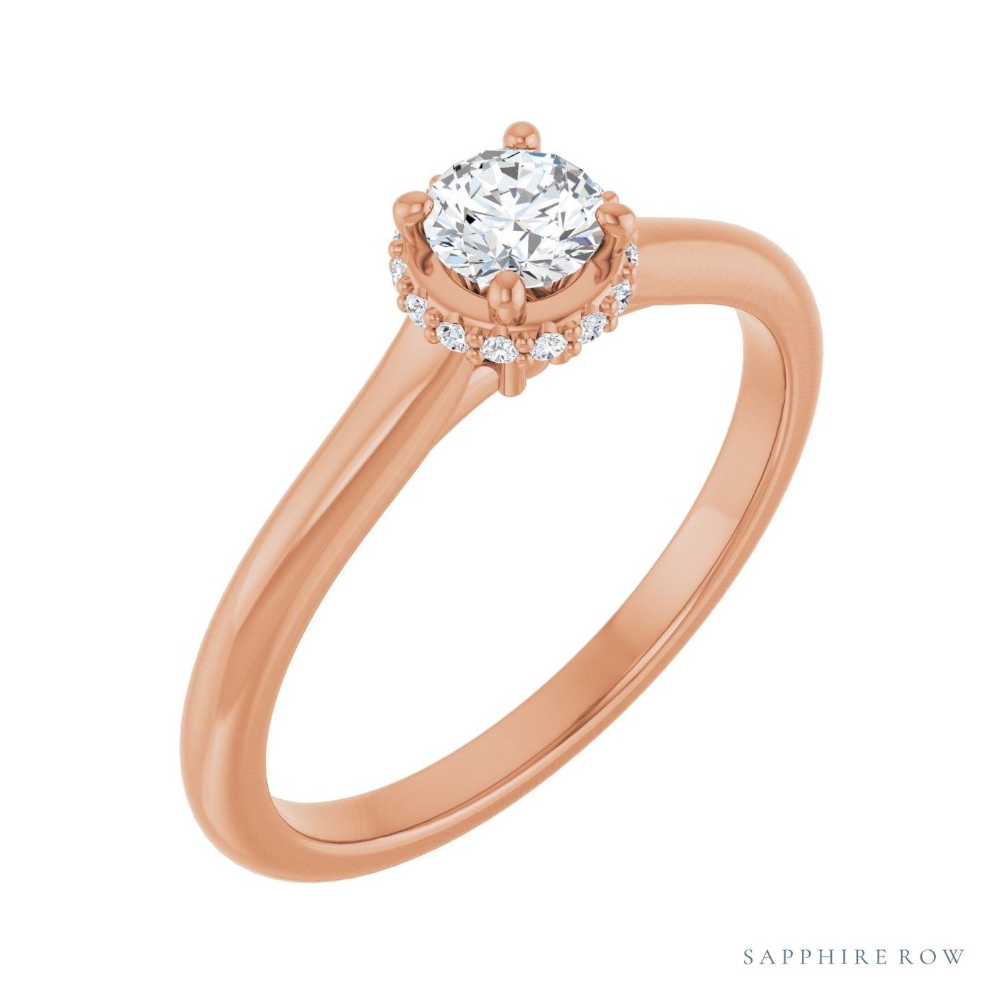 Sapphire Row Cathedral Hidden Halo-Style Engagement Ring setting in 14K Rose Gold, shown with a centre stone (sold separately)