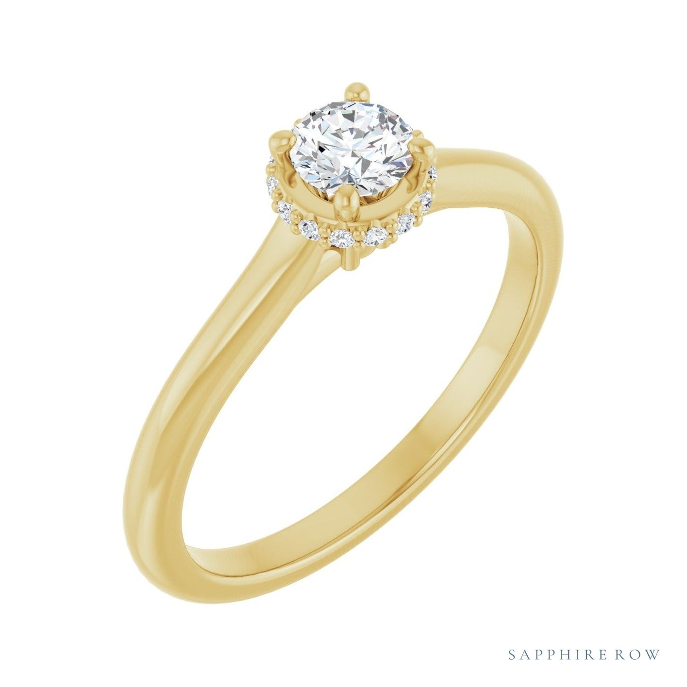 Sapphire Row Cathedral Hidden Halo-Style Engagement Ring setting in 14K Yellow Gold, shown with a centre stone (sold separately)