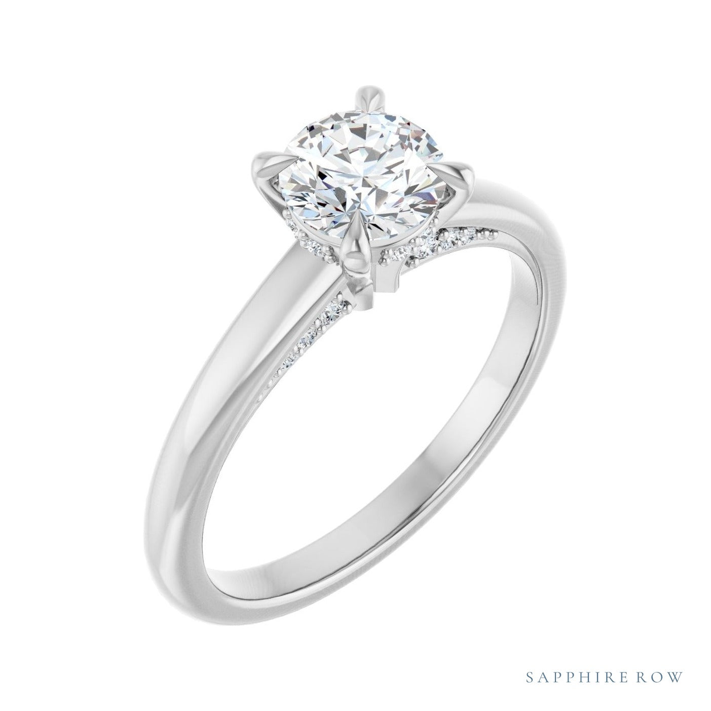 Sapphire Row Claw-Prong Hidden Halo-Style Engagement Ring setting in 14K White Gold, shown with a centre stone (sold separately)