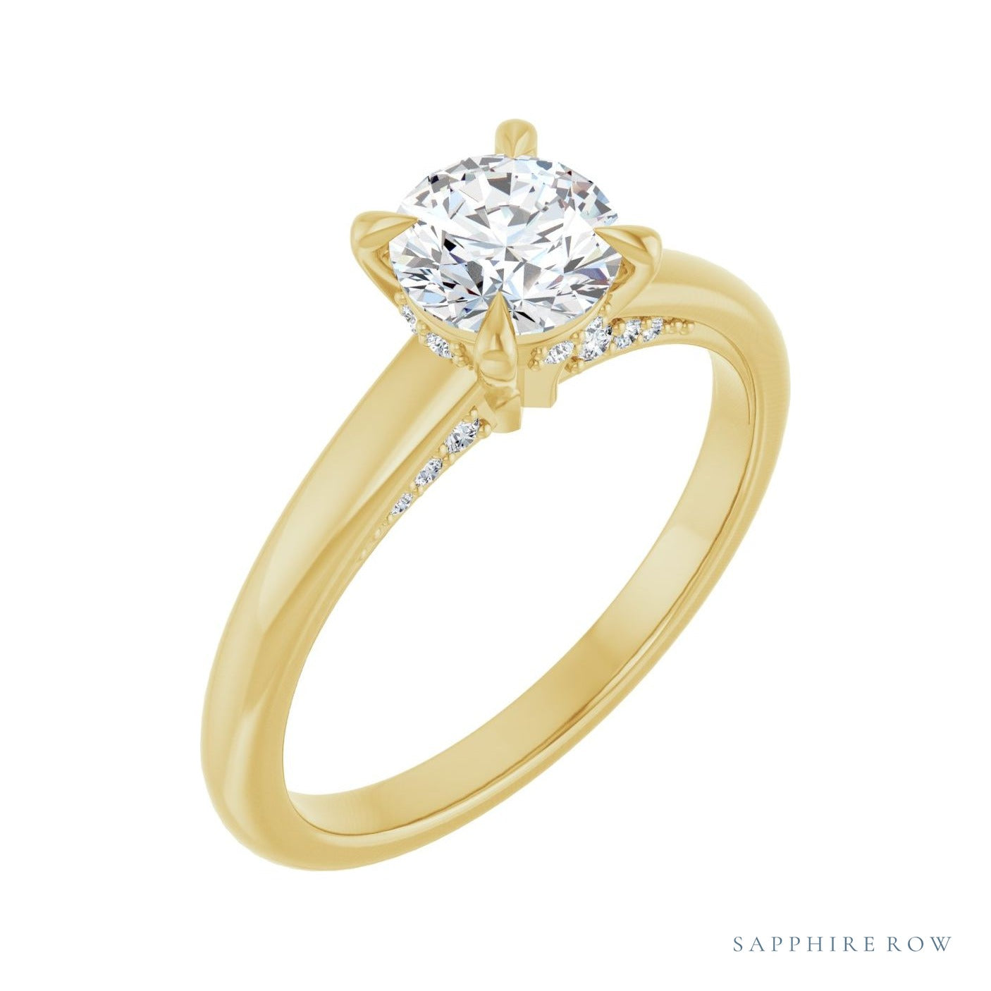 Sapphire Row Claw-Prong Hidden Halo-Style Engagement Ring setting in 14K Yellow Gold, shown with a centre stone (sold separately)