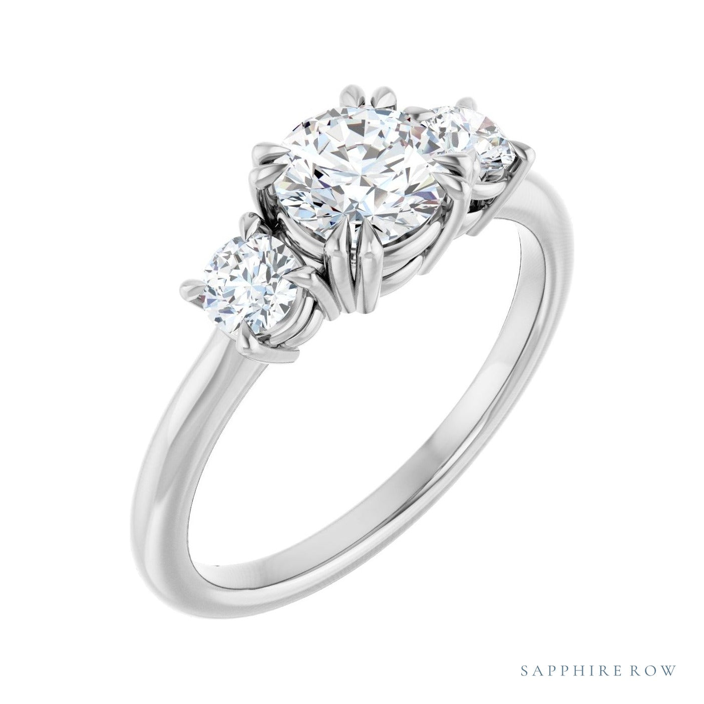Sapphire Row Double Claw-Prong Three-Stone Engagement Ring setting in 14K White Gold, shown with a centre stone (sold separately)