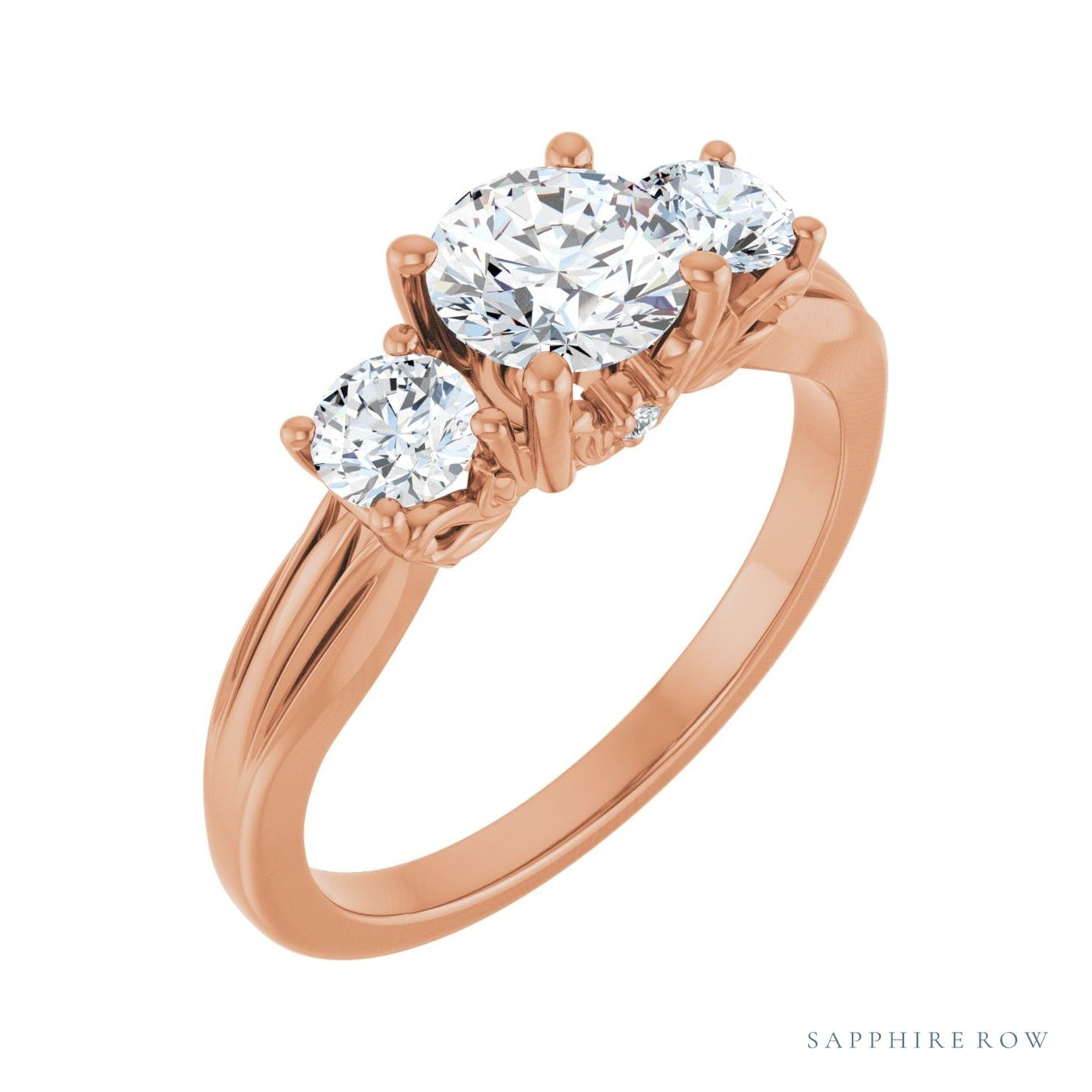 Sapphire Row Hidden-Detail Three-Stone Engagement Ring setting in 14K Rose Gold, shown with a centre stone (sold separately)
