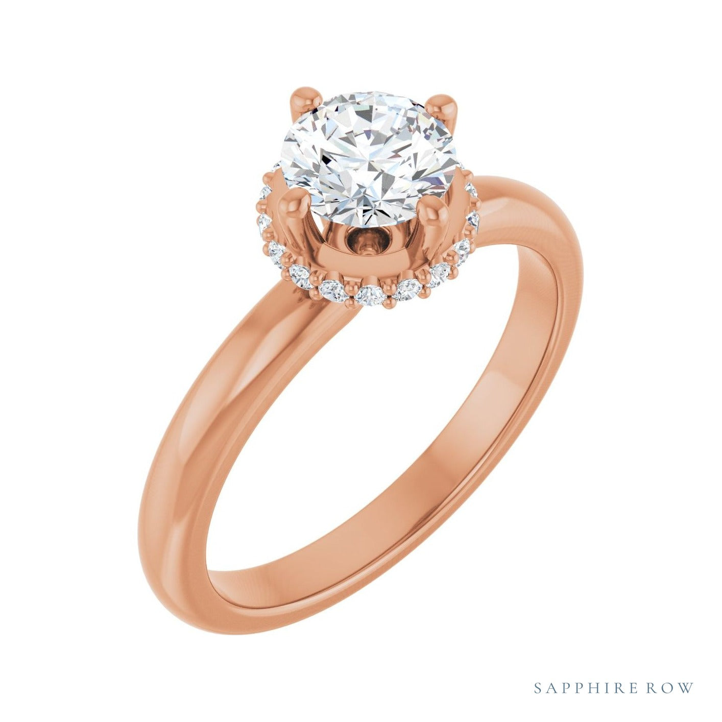 Sapphire Row Compass-Set Hidden Halo-Style Engagement Ring setting in 14K Rose Gold, shown with a centre stone (sold separately)