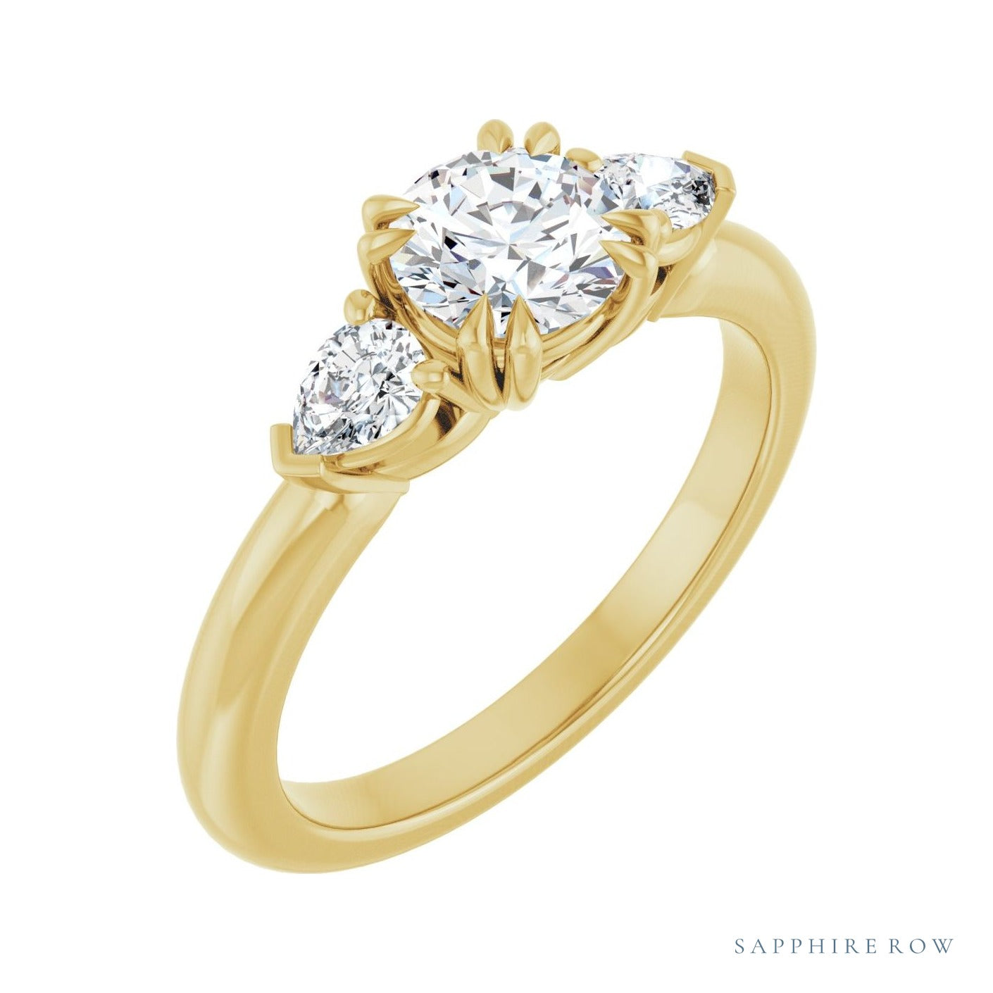 Sapphire Row Elongated-Stone Double Claw-Prong Three-Stone Engagement Ring setting in 14K Yellow Gold, shown with a centre stone (sold separately)