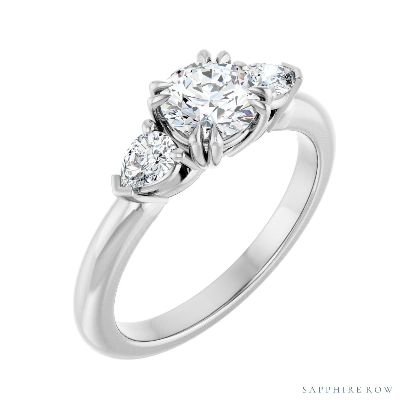Sapphire Row Elongated-Stone Double Claw-Prong Three-Stone Engagement Ring setting in Platinum, shown with a centre stone (sold separately)