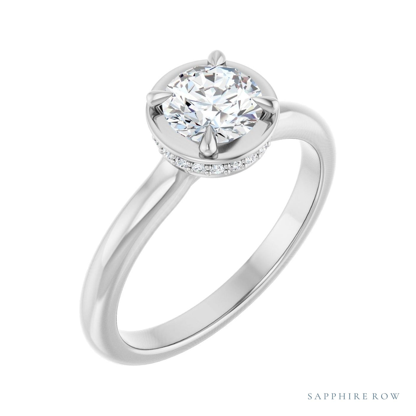 Sapphire Row Hidden-Detail Claw-Prong Hidden Halo-Style Bezel-Style Engagement Ring setting in 14K White Gold, shown with a centre stone (sold separately)