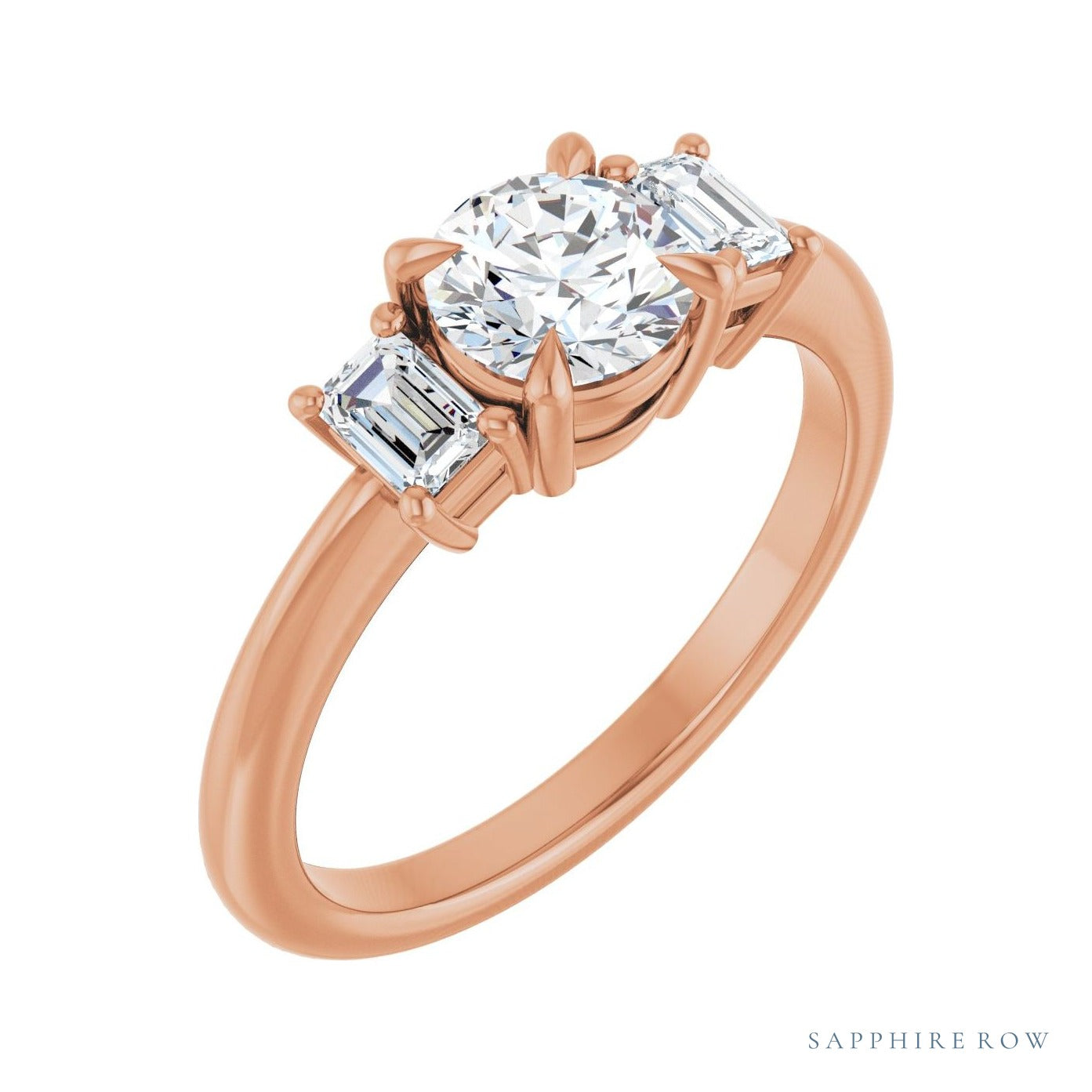 Sapphire Row Vintage Claw-Prong Three-Stone Engagement Ring setting in 14K Rose Gold, shown with a centre stone (sold separately)