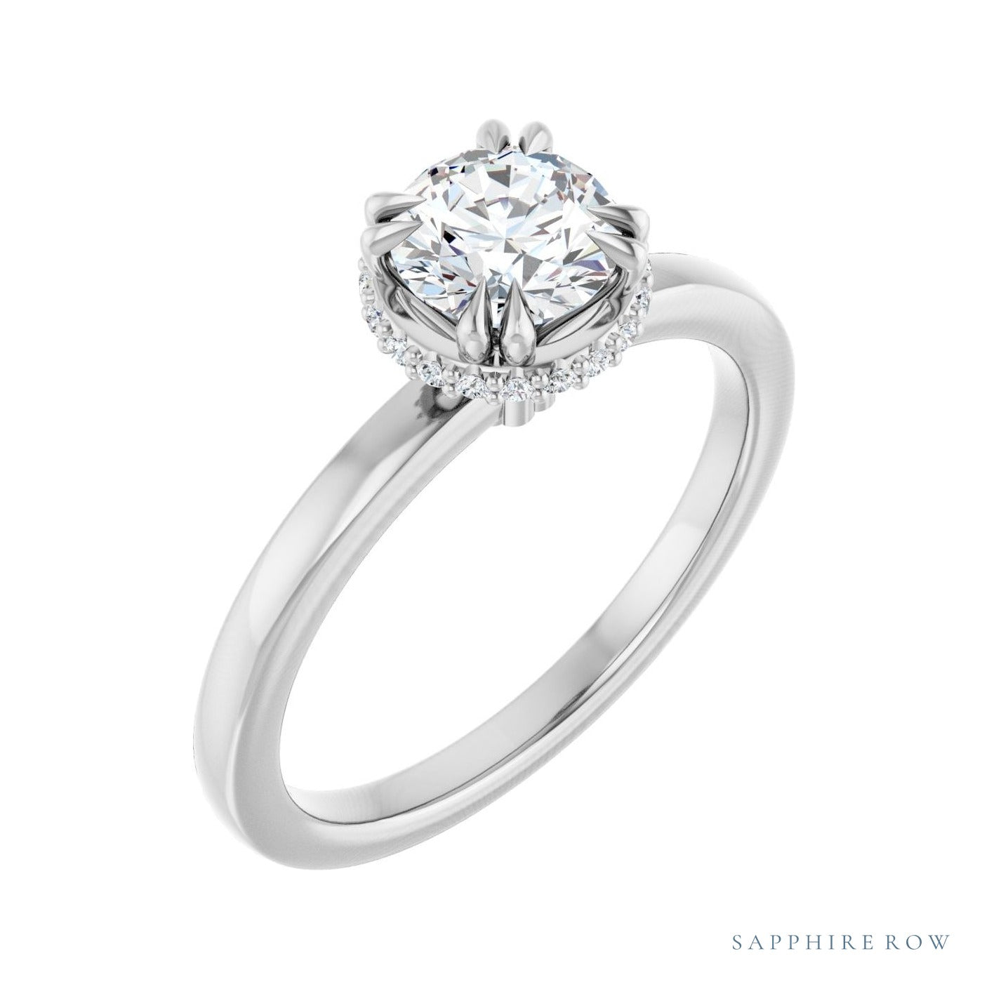 Sapphire Row Vintage Double-Claw Hidden Halo-Style Engagement Ring setting in 14K White Gold, shown with a centre stone (sold separately)