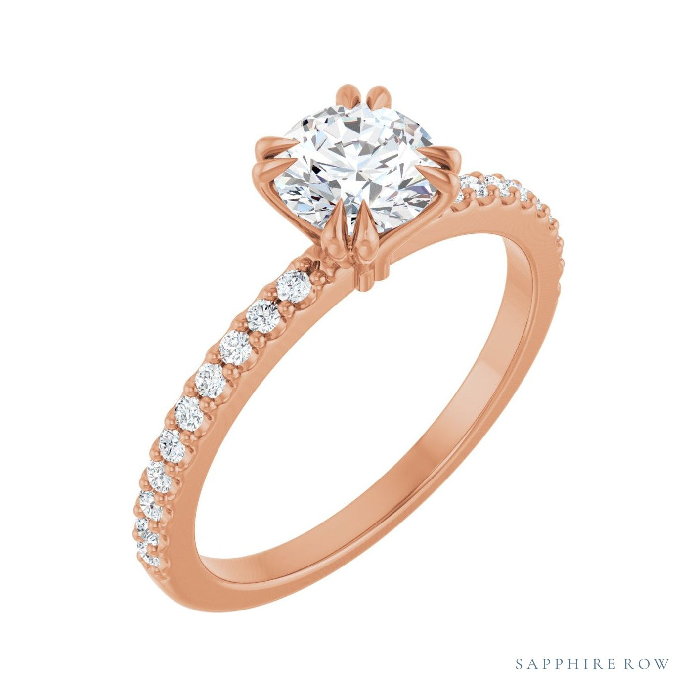 Sapphire Row Double Claw-Prong Engagement Ring setting in 14K Rose Gold, shown with a centre stone (sold separately)