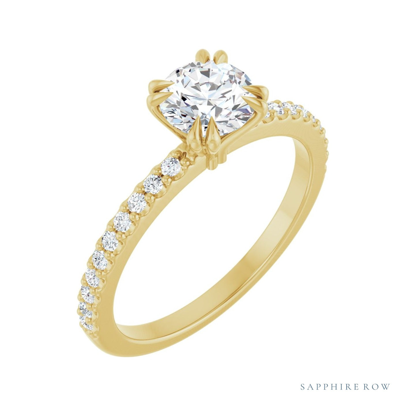 Sapphire Row Double Claw-Prong Engagement Ring setting in 14K Yellow Gold, shown with a centre stone (sold separately)