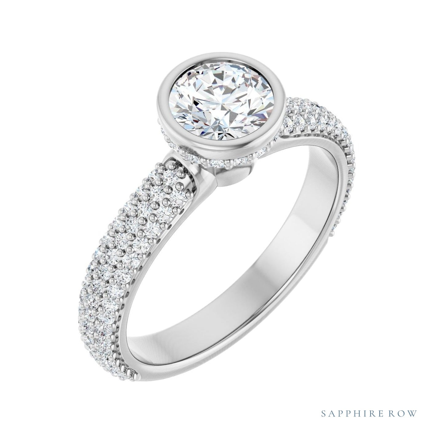 Sapphire Row Hidden-Detail Bezel-Set Hidden Halo-Style Engagement Ring setting in 14K White Gold, shown with a centre stone (sold separately)