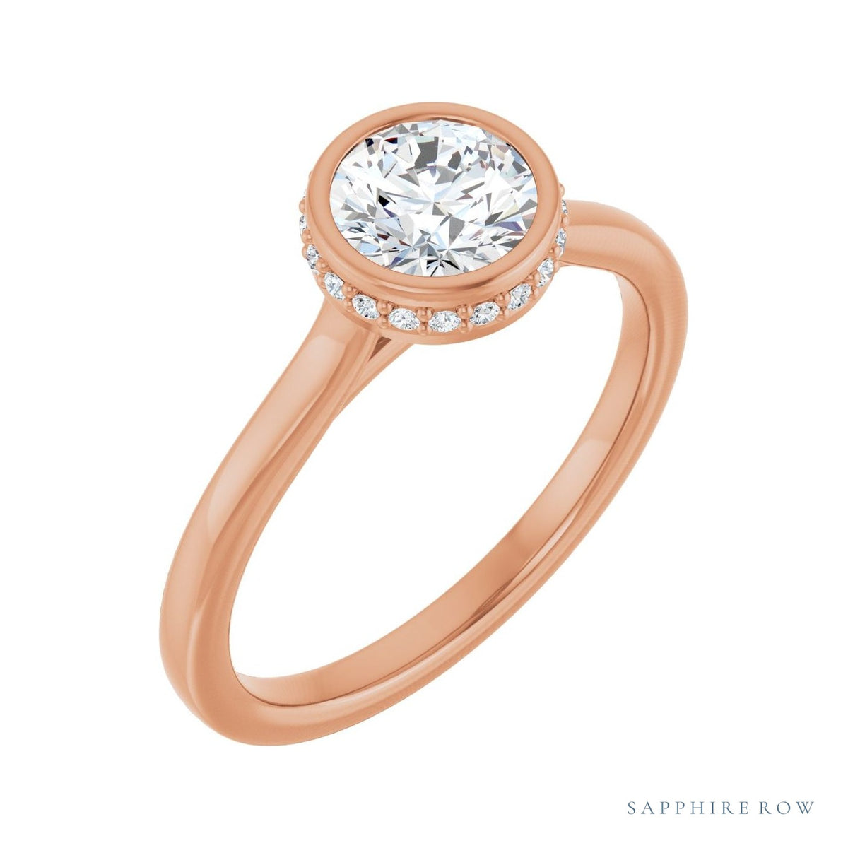 Sapphire Row Flush-Set Hidden-Detail Hidden Halo-Style Engagement Ring setting in 14K Rose Gold, shown with a center stone (sold separately) — three-quarter view