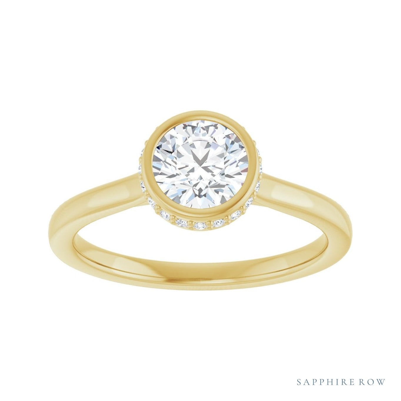 Sapphire Row Flush-Set Hidden-Detail Hidden Halo-Style Engagement Ring setting in 14K Yellow Gold, shown with a center stone (sold separately)