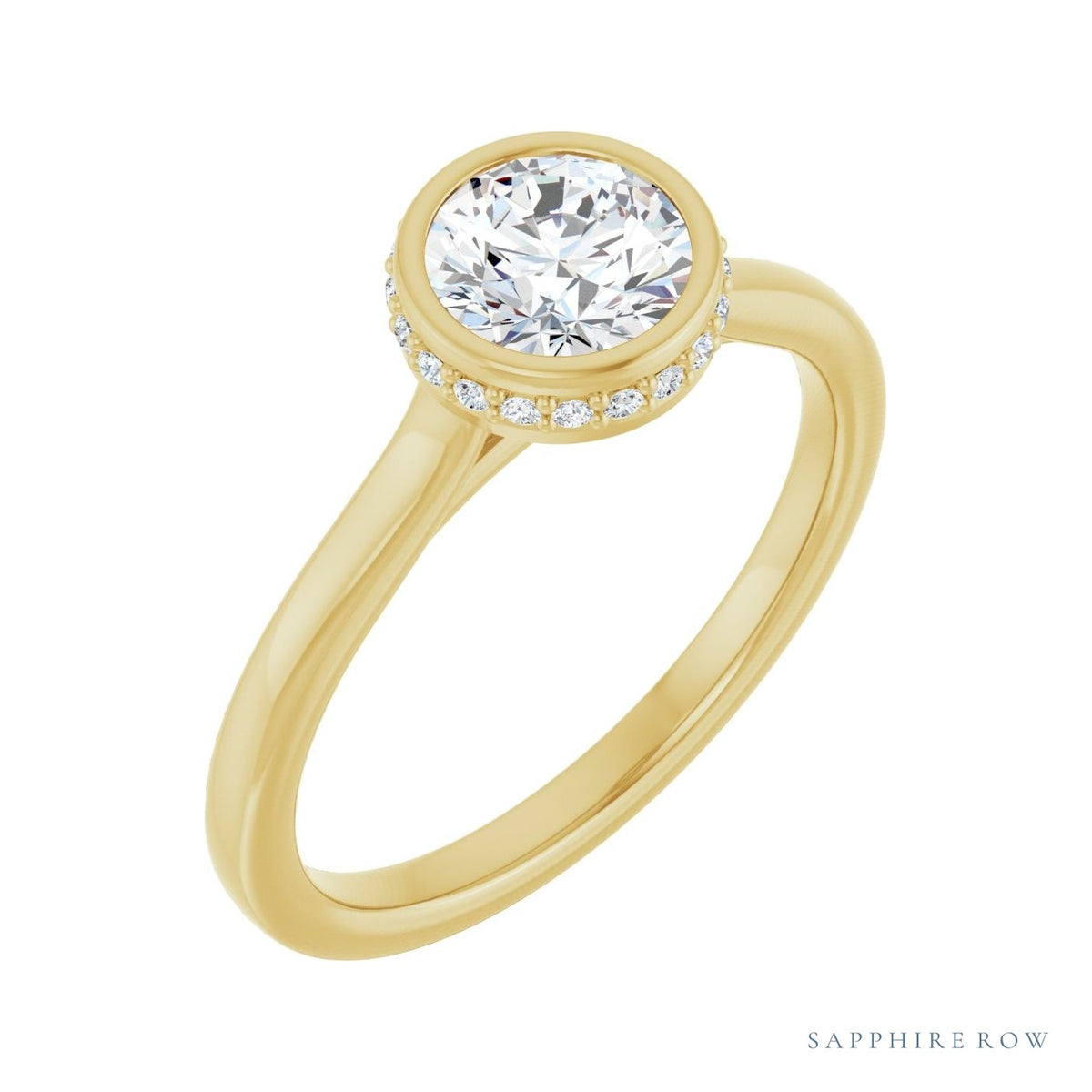 Sapphire Row Flush-Set Hidden-Detail Hidden Halo-Style Engagement Ring setting in 14K Yellow Gold, shown with a center stone (sold separately) — three-quarter view