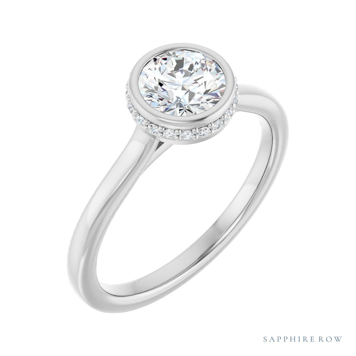 Sapphire Row Flush-Set Hidden-Detail Hidden Halo-Style Engagement Ring setting in Platinum, shown with a center stone (sold separately) — three-quarter view