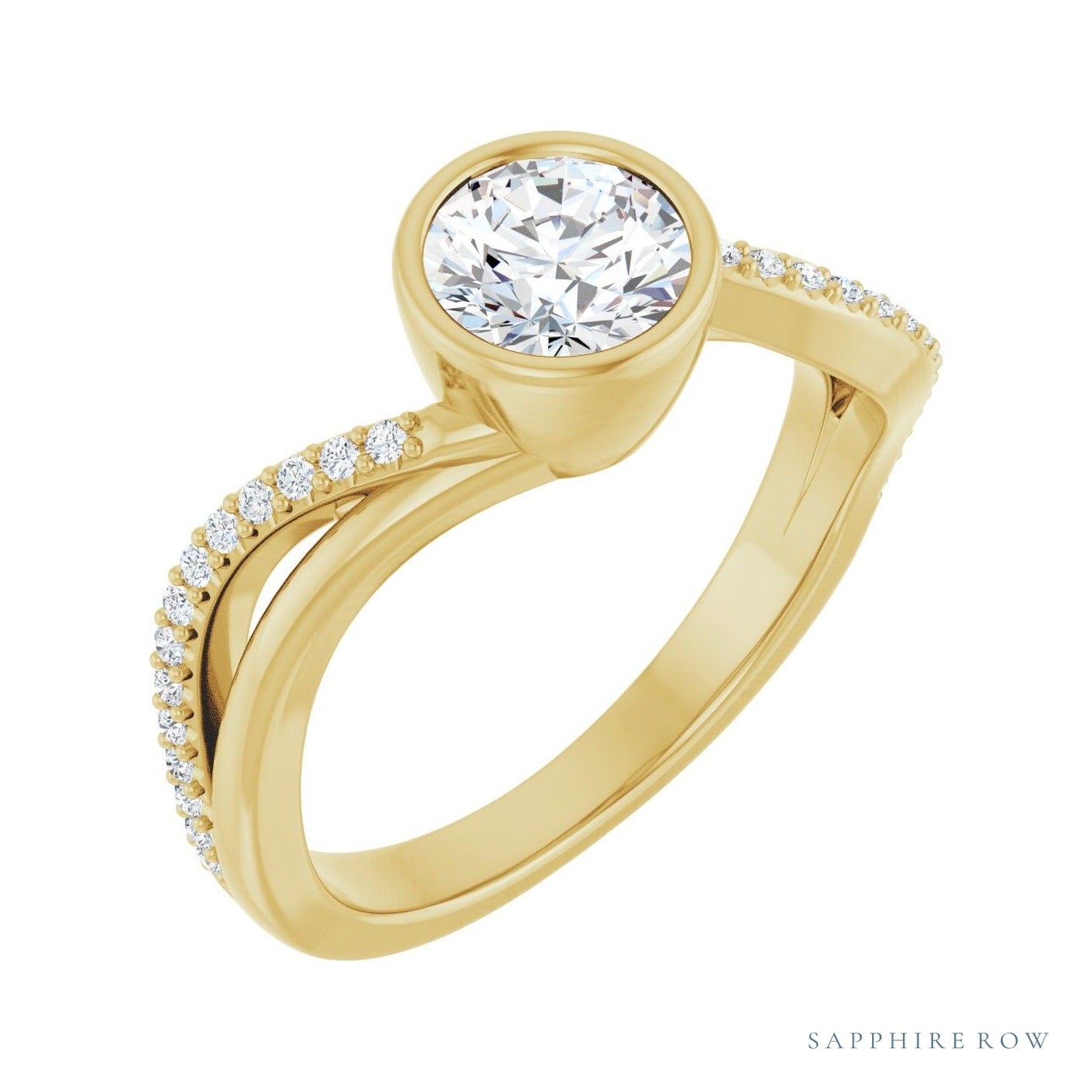 Sapphire Row Elongated-Stone Bezel-Set Engagement Ring setting in 14K Yellow Gold, shown with a centre stone (sold separately)