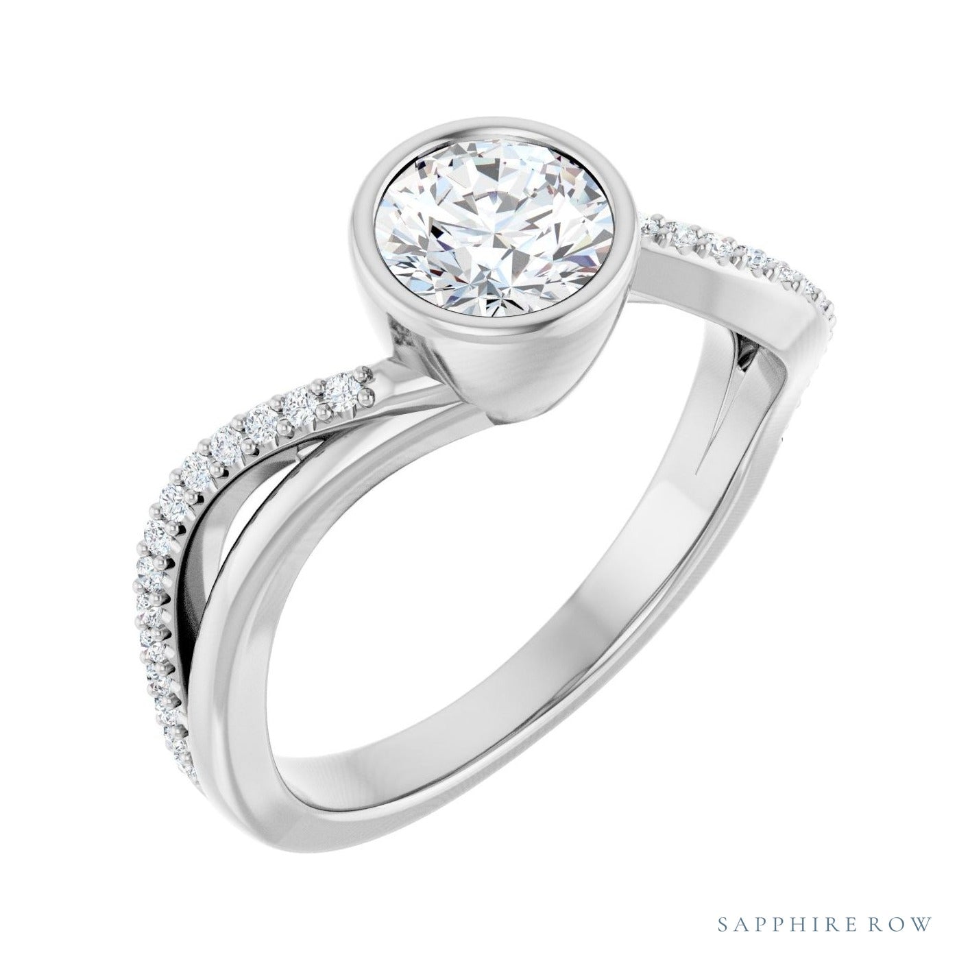 Sapphire Row Elongated-Stone Bezel-Set Engagement Ring setting in Platinum, shown with a centre stone (sold separately)
