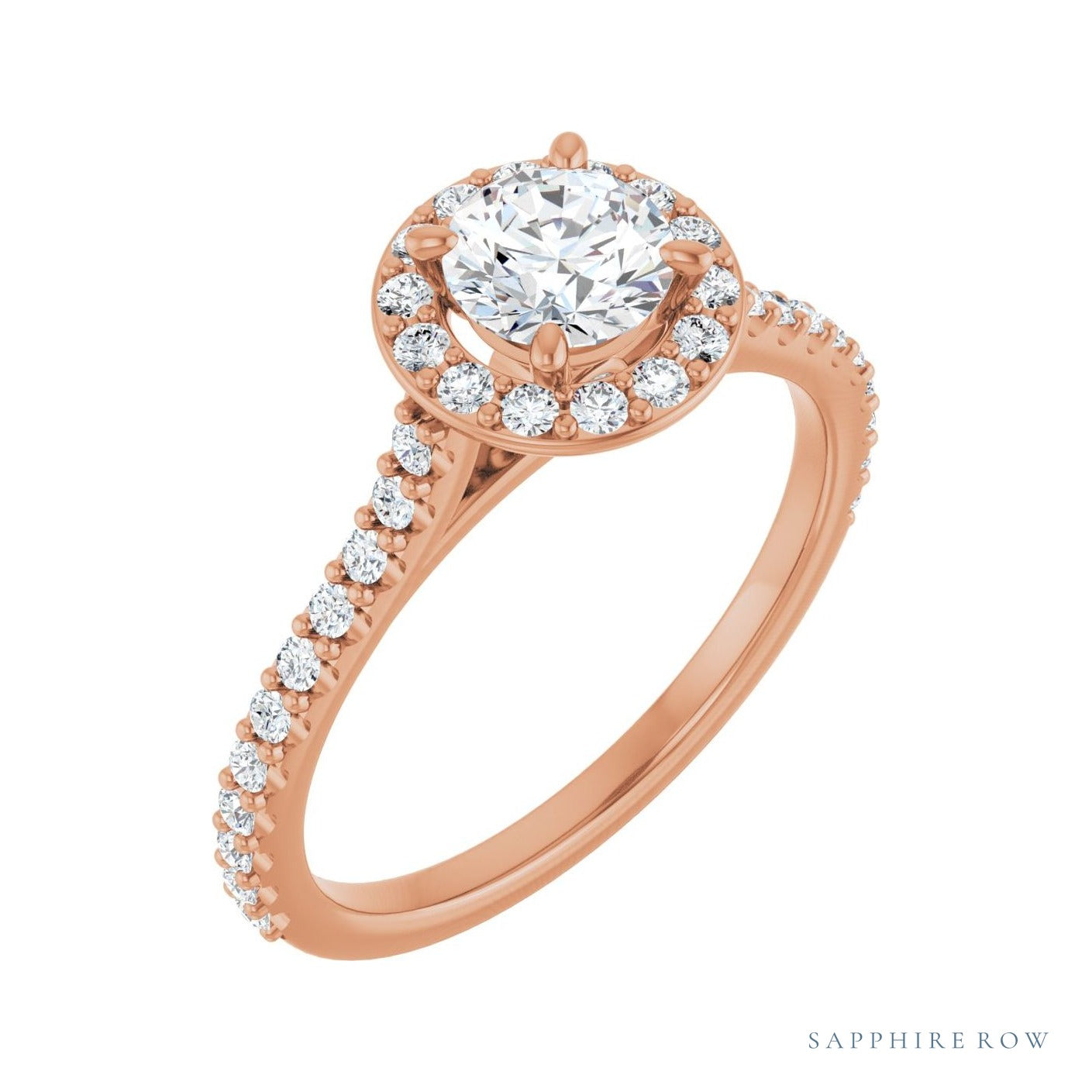 Sapphire Row Halo-Style Engagement Ring setting in 14K Rose Gold, shown with a centre stone (sold separately)