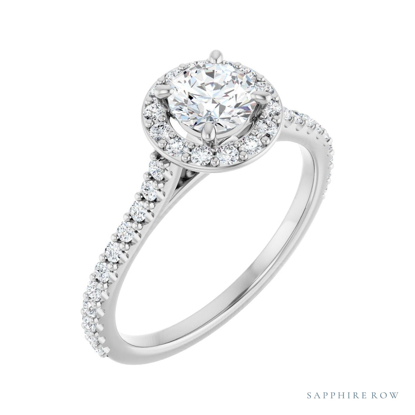 Sapphire Row Halo-Style Engagement Ring setting in 14K White Gold, shown with a centre stone (sold separately)