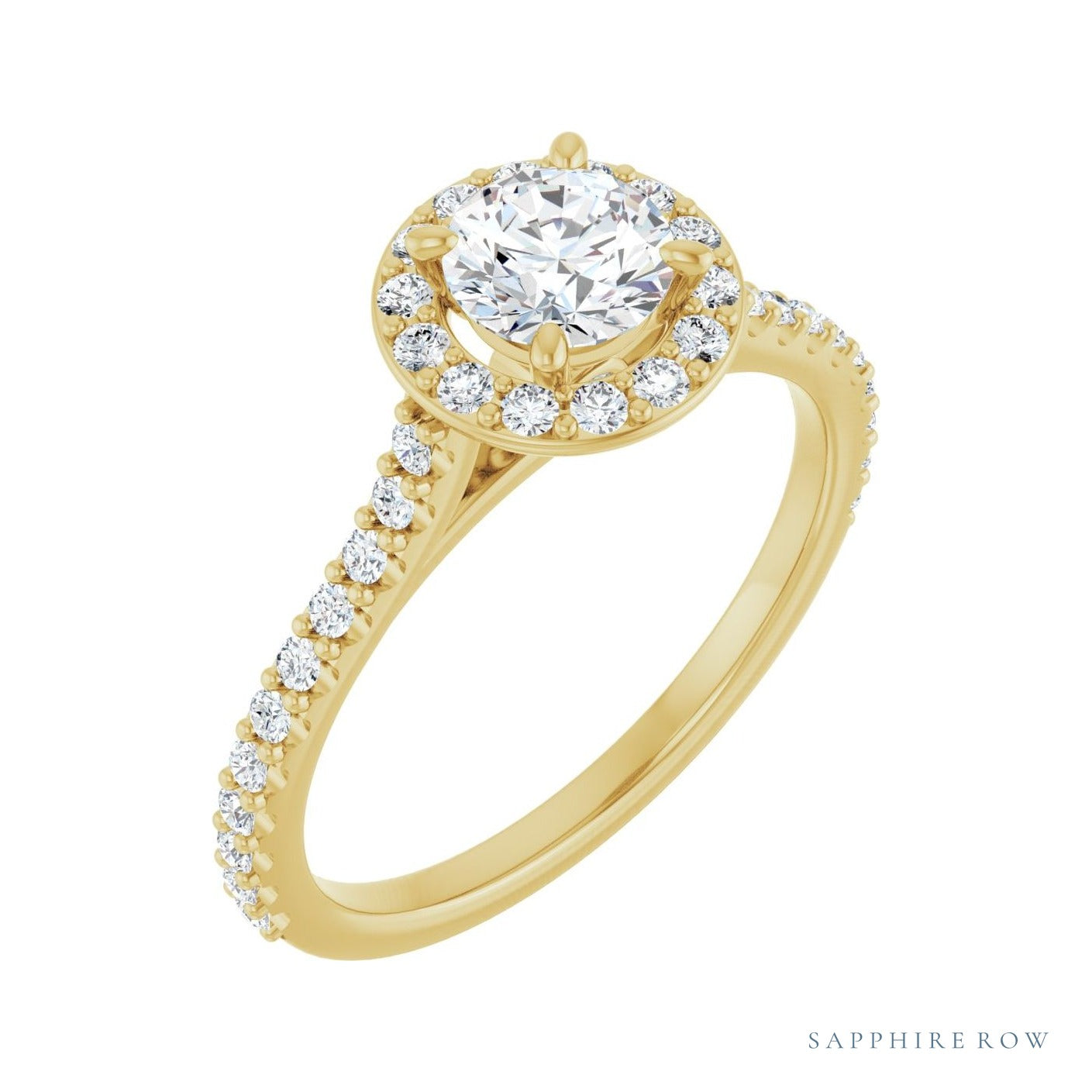 Sapphire Row Halo-Style Engagement Ring setting in 14K Yellow Gold, shown with a centre stone (sold separately)