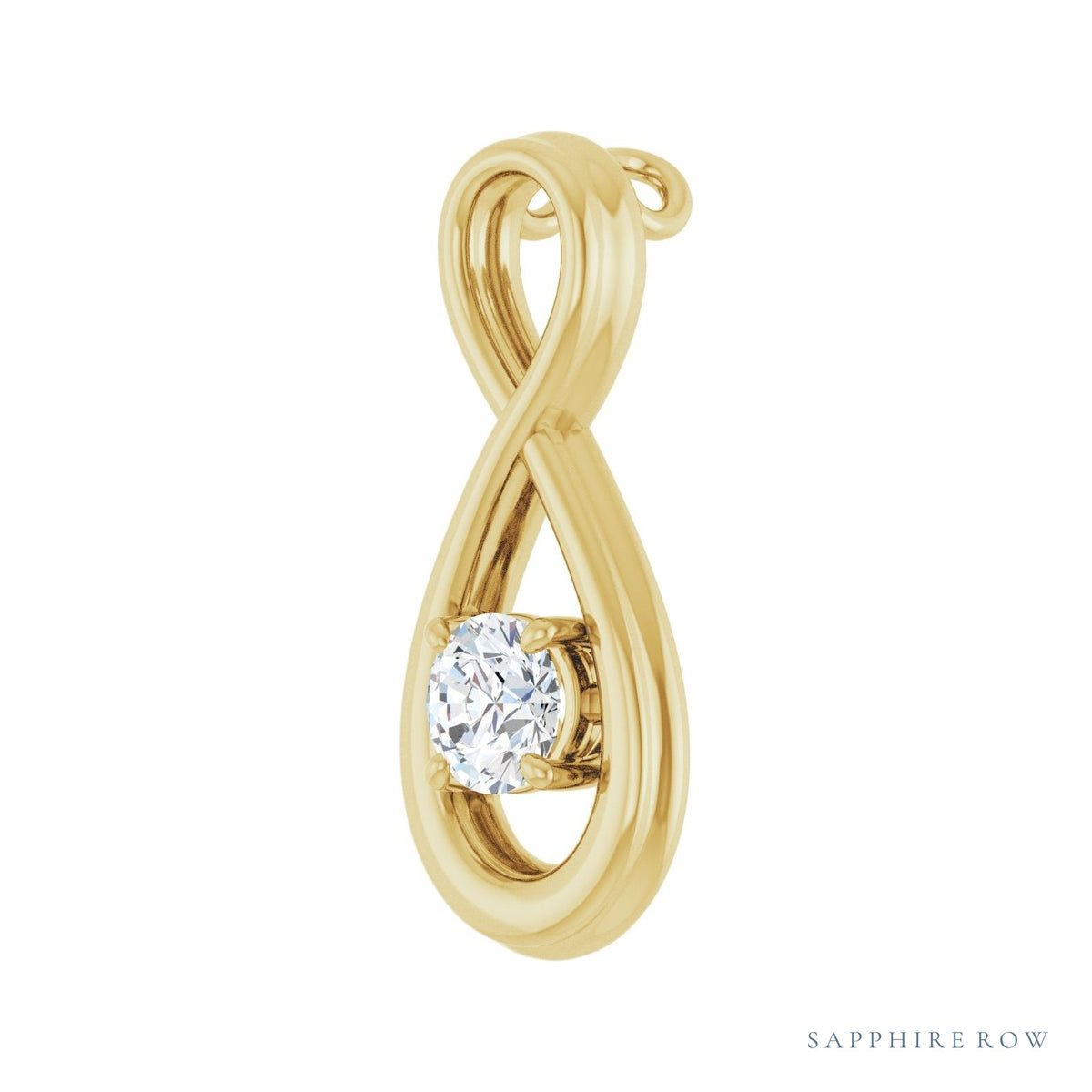Sapphire Row Infinity-Inspired Solitaire Pendant setting in 14K Yellow Gold, shown with a center stone (sold separately) — three-quarter view