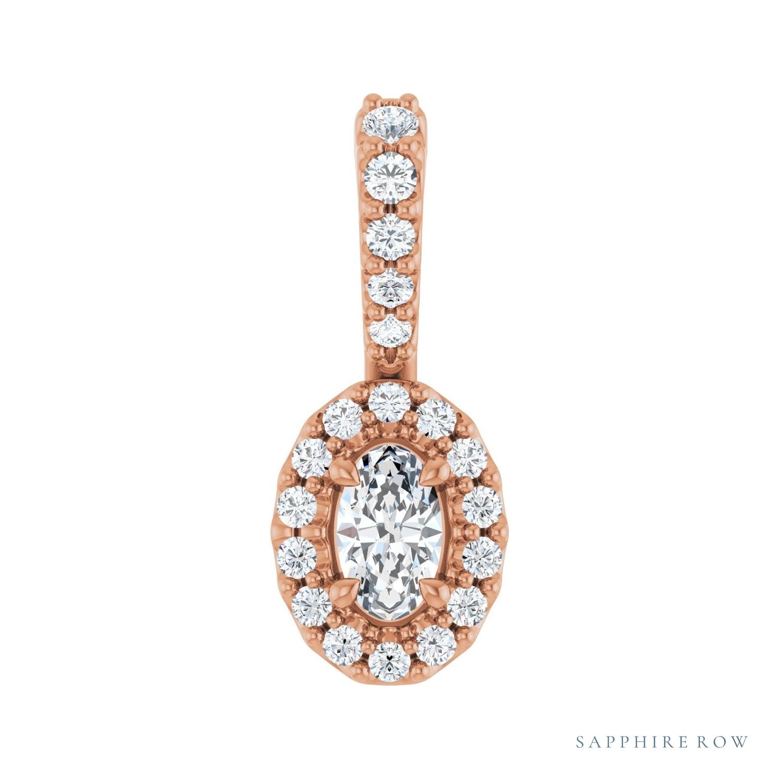 Sapphire Row Halo-Style Pendant setting in 14K Rose Gold, shown with a center stone (sold separately)