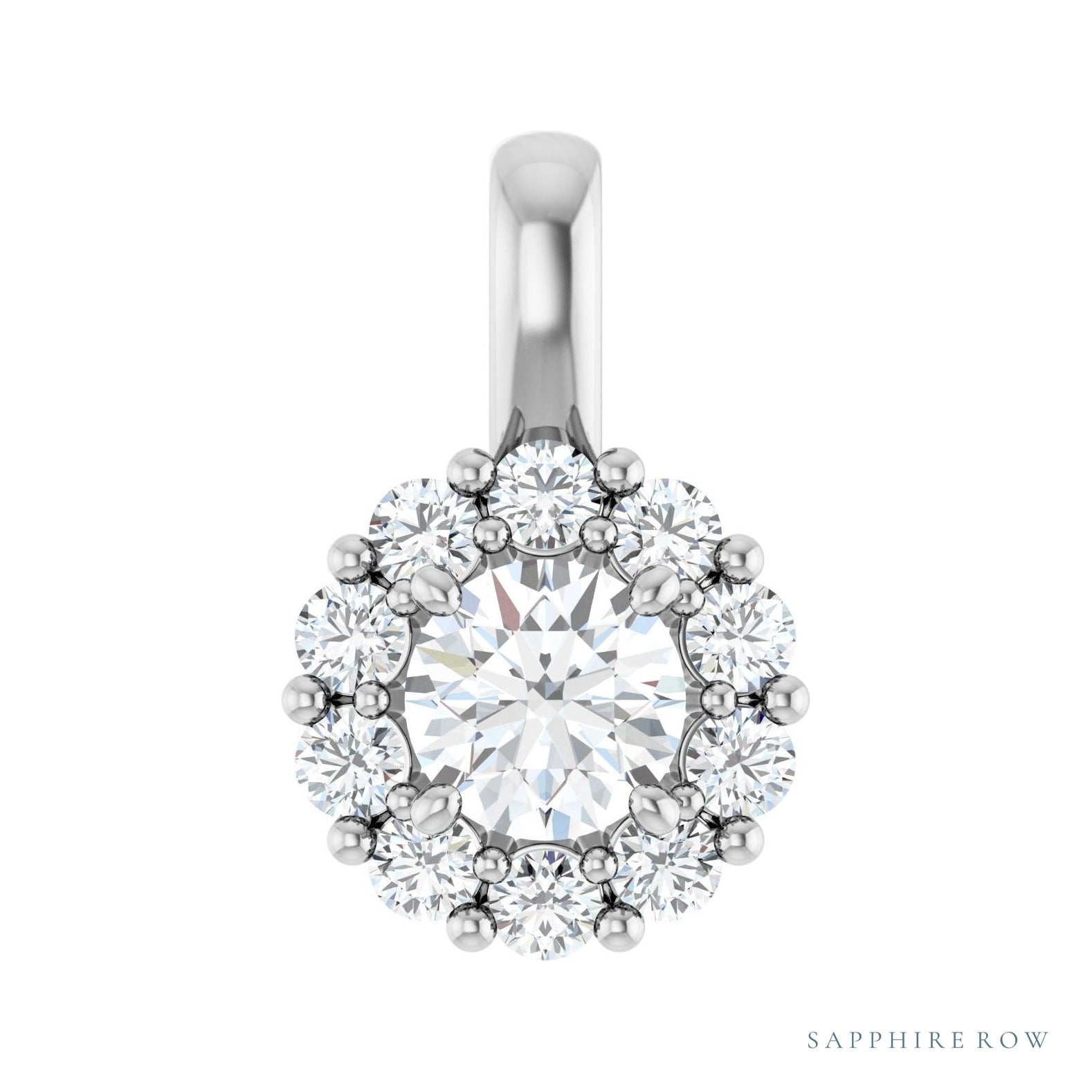 Sapphire Row Halo-Style Pendant setting in 14K White Gold, shown with a center stone (sold separately)