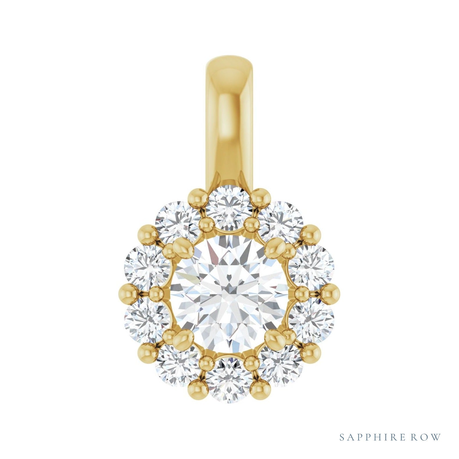 Sapphire Row Halo-Style Pendant setting in 14K Yellow Gold, shown with a center stone (sold separately)