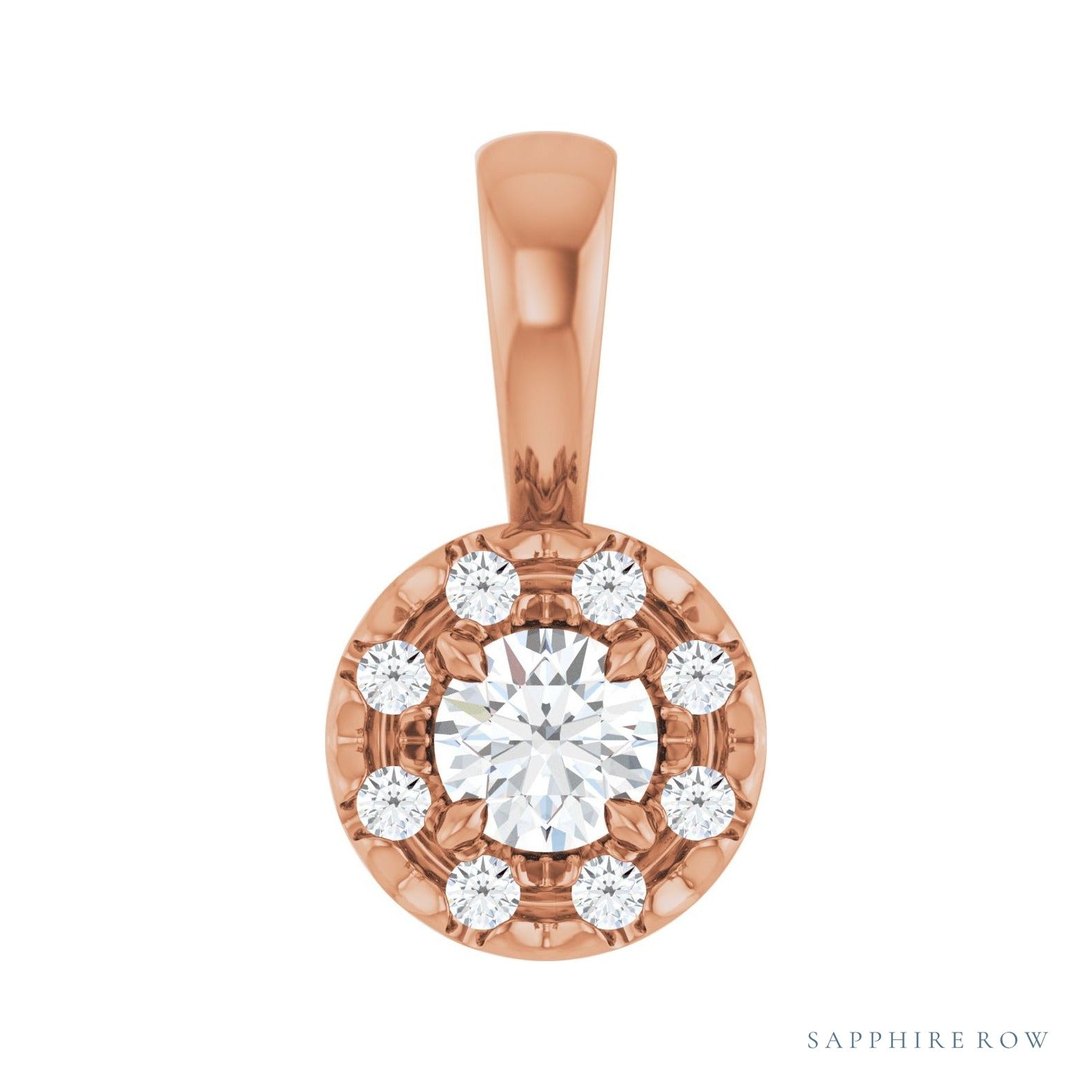 Sapphire Row Halo-Style Necklace or Pendant setting in 14K Rose Gold, shown with a center stone (sold separately)