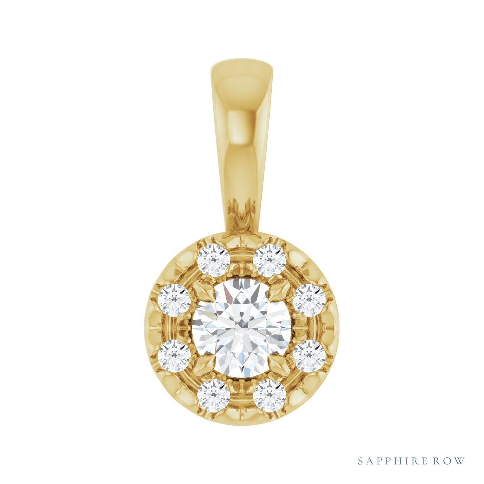 Sapphire Row Halo-Style Necklace or Pendant setting in 14K Yellow Gold, shown with a center stone (sold separately)
