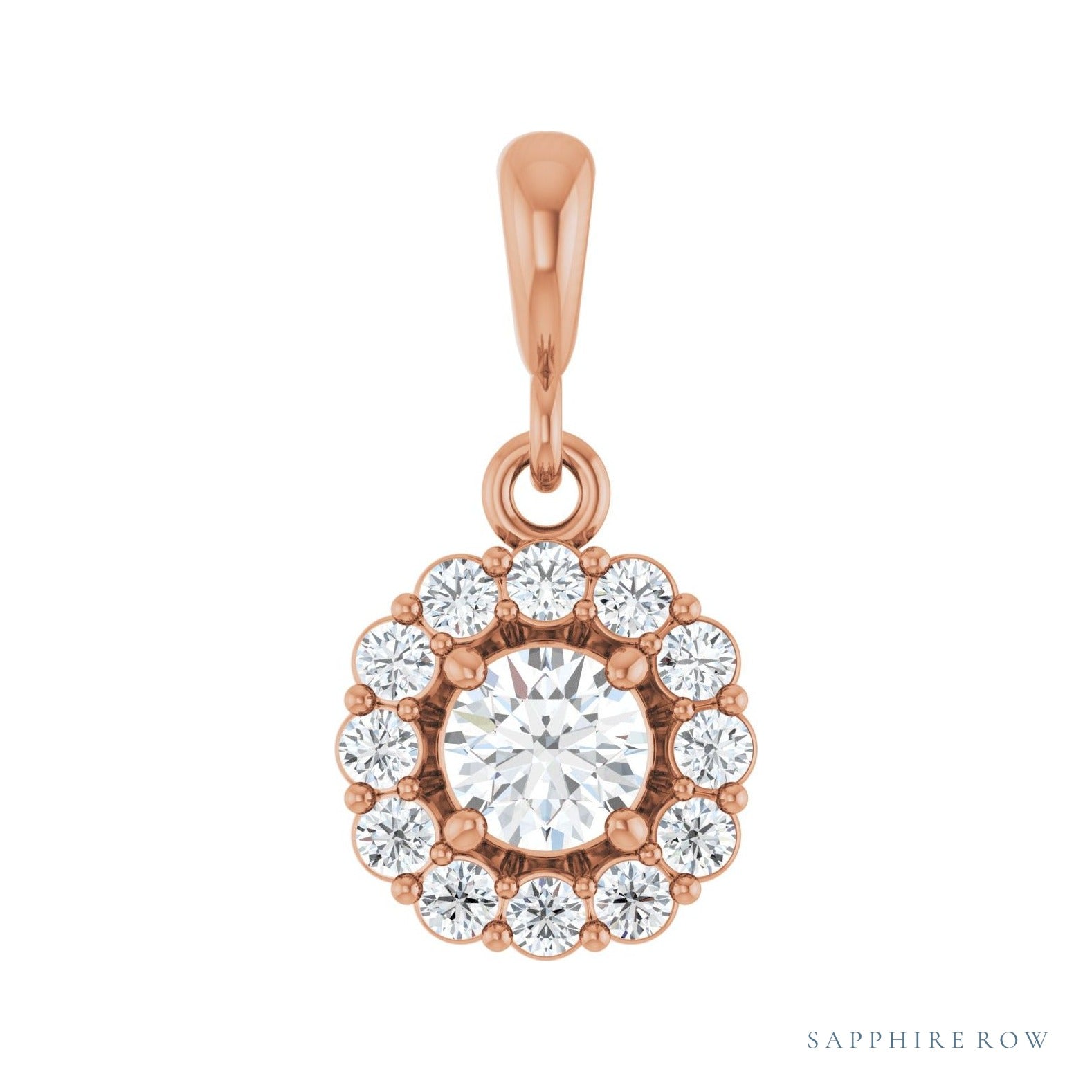 Sapphire Row Halo-Style Pendant setting in 14K Rose Gold, shown with a center stone (sold separately)