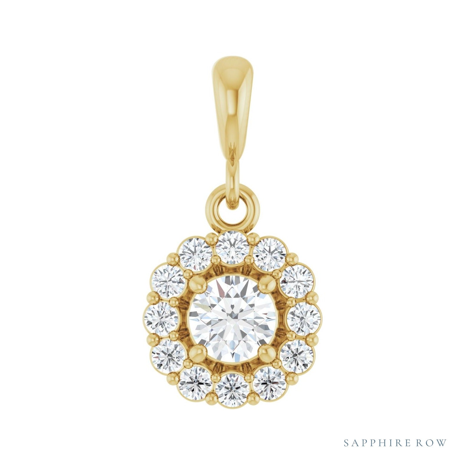 Sapphire Row Halo-Style Pendant setting in 14K Yellow Gold, shown with a center stone (sold separately)