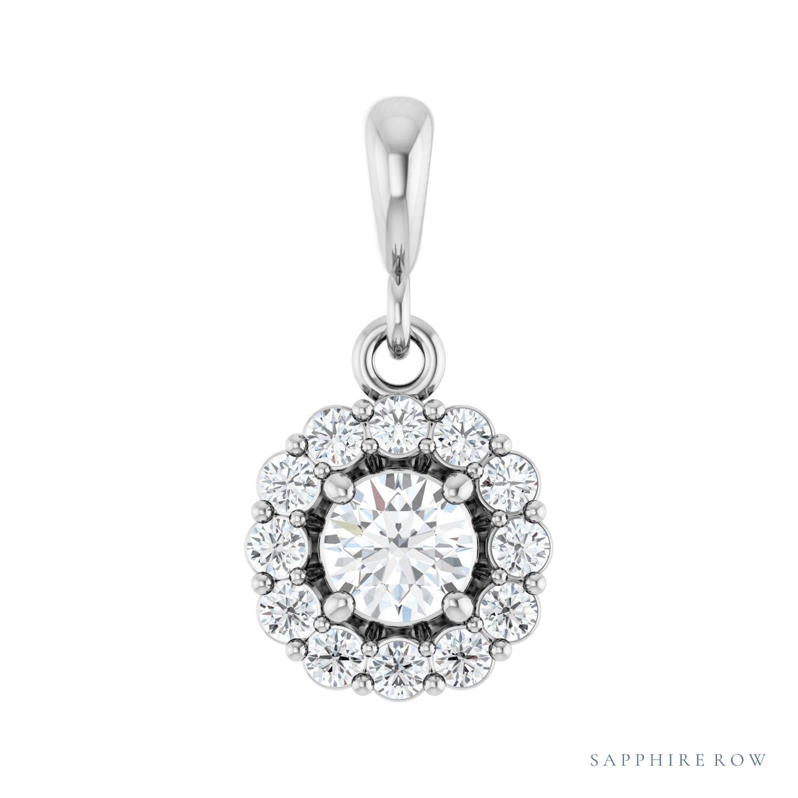 Sapphire Row Halo-Style Pendant setting in Platinum, shown with a center stone (sold separately)