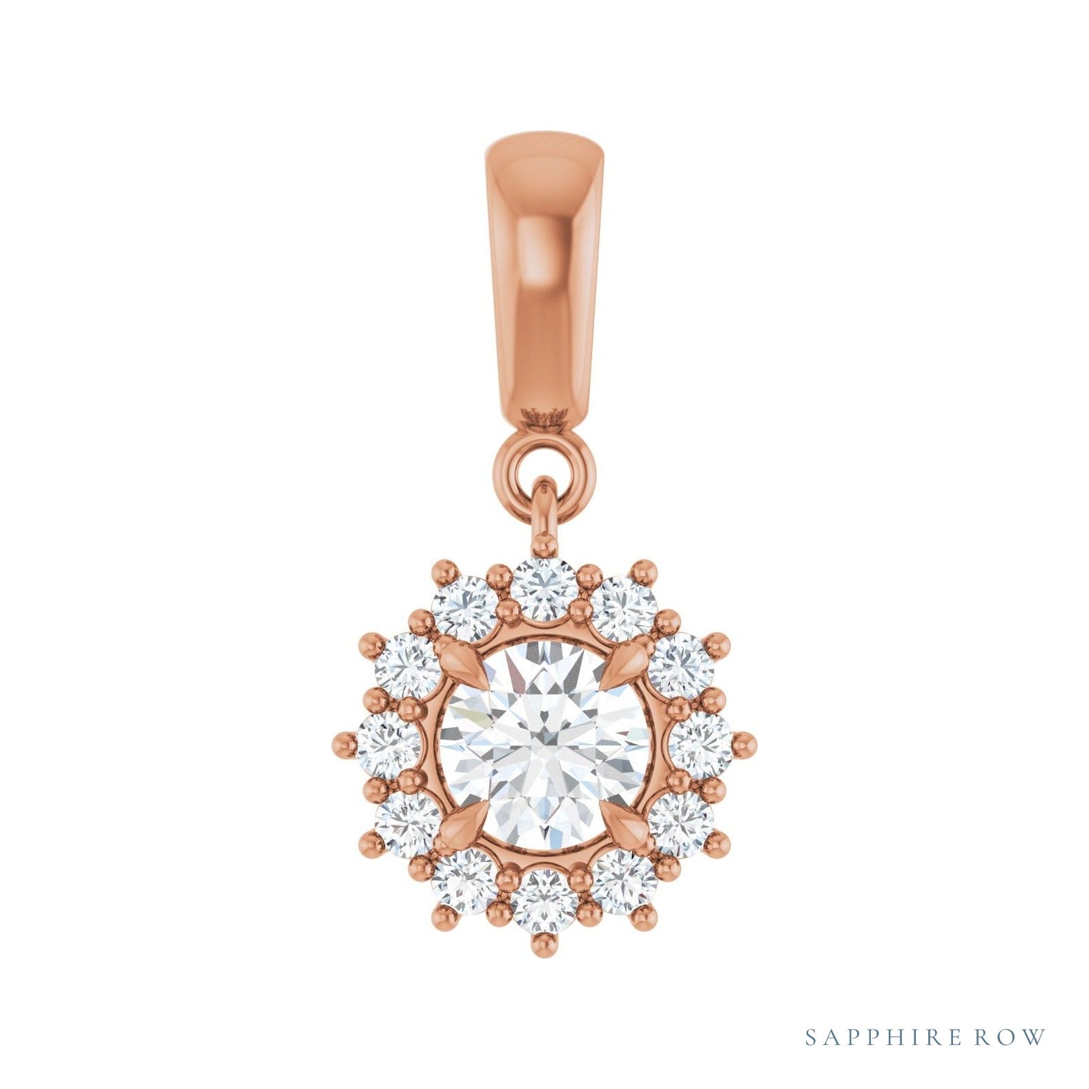 Sapphire Row Halo-Style Pendant setting in 14K Rose Gold, shown with a center stone (sold separately)