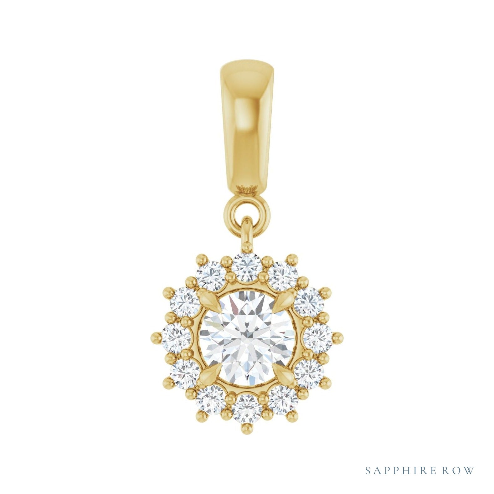 Sapphire Row Halo-Style Pendant setting in 14K Yellow Gold, shown with a center stone (sold separately)