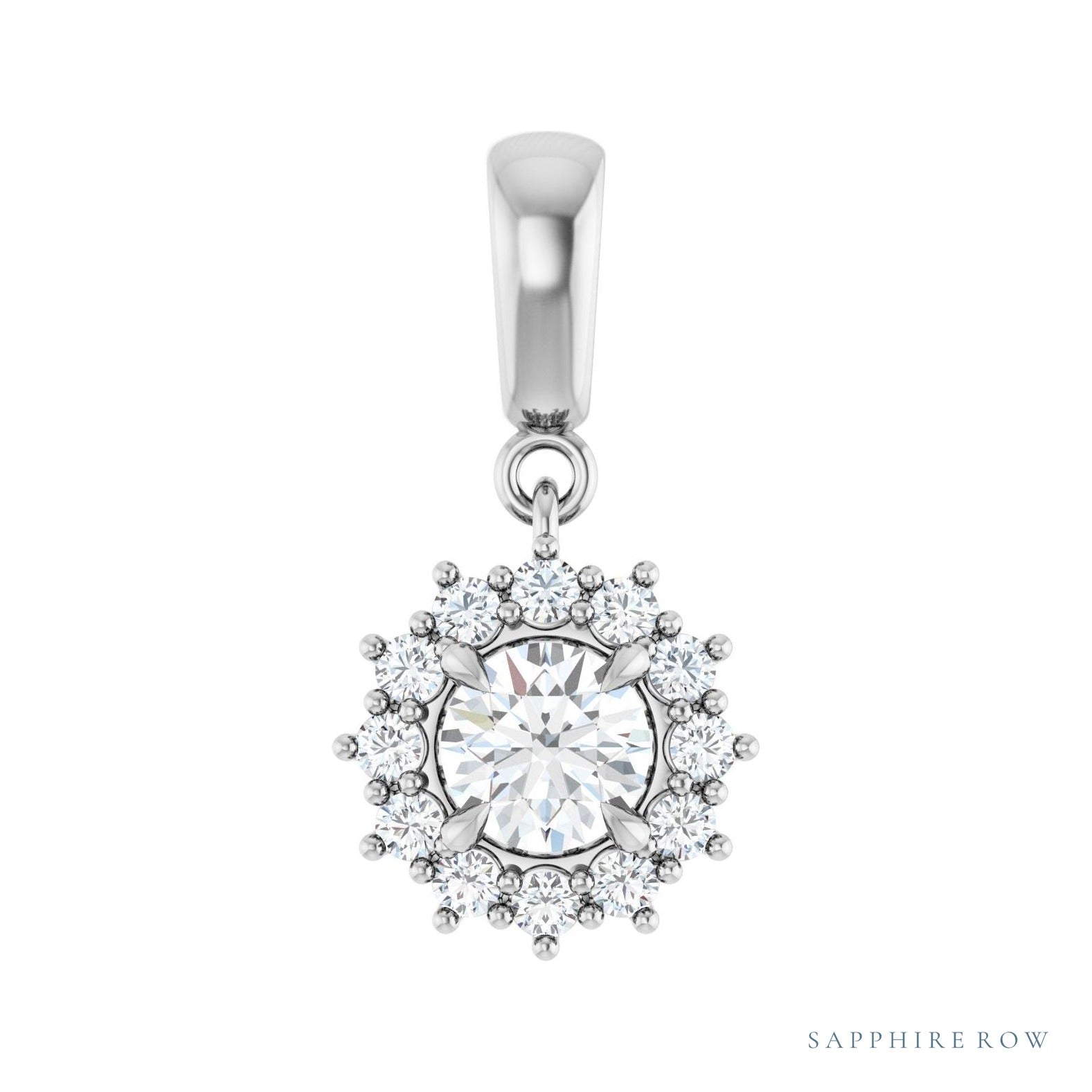 Sapphire Row Halo-Style Pendant setting in Platinum, shown with a center stone (sold separately)