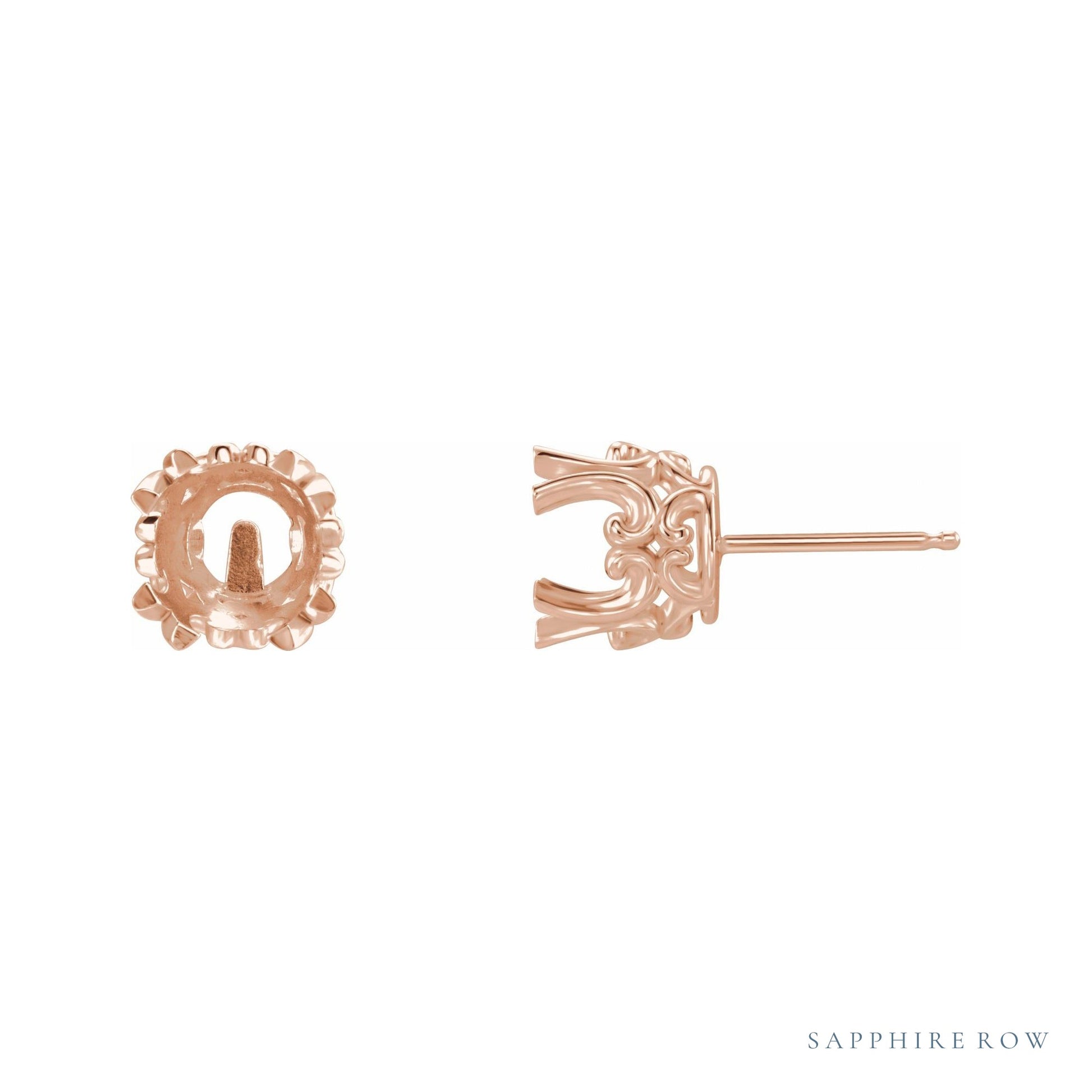 Sapphire Row Round Twin 4-Prong Scroll Stud Earrings setting in 14K Rose Gold, shown with a center stone (sold separately)