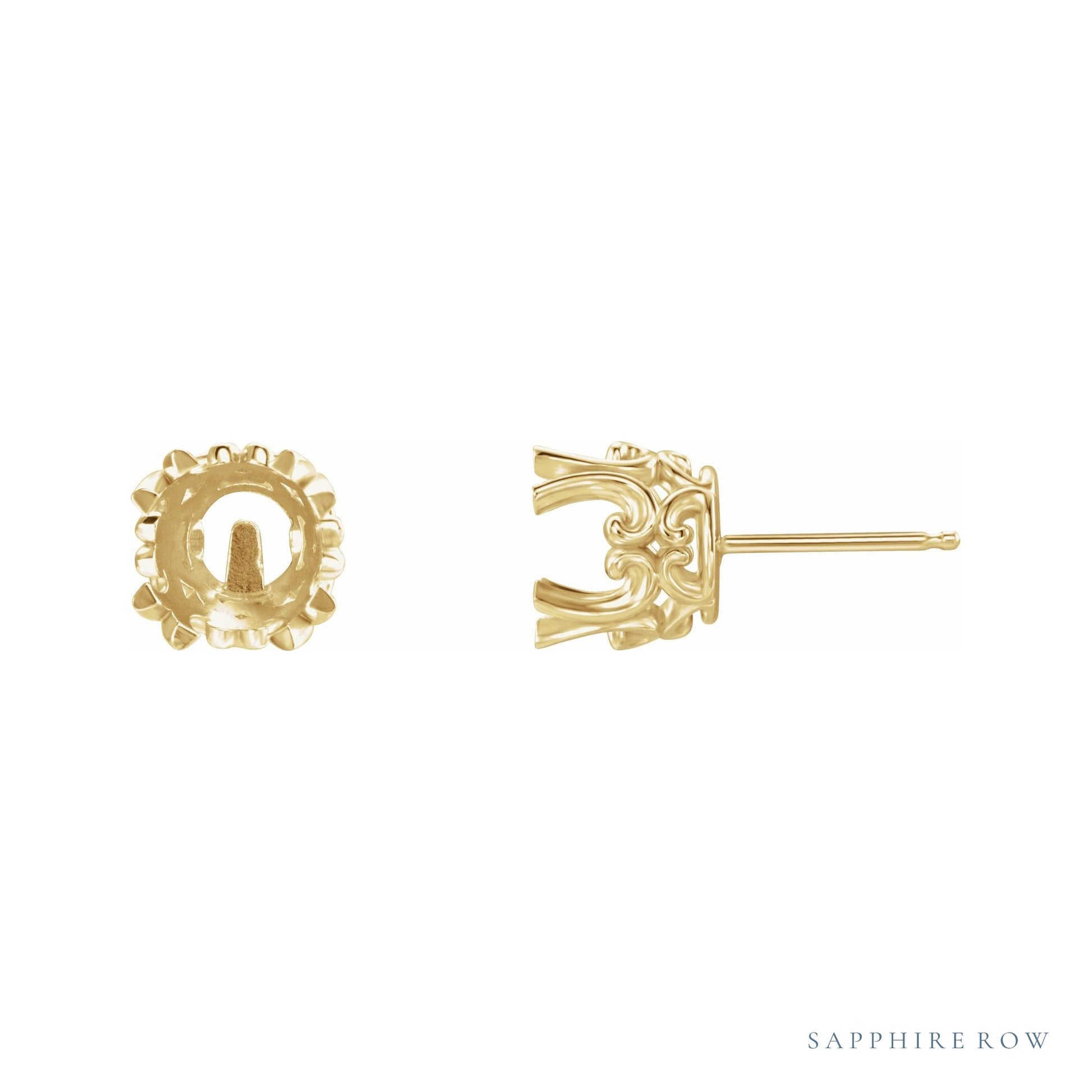 Sapphire Row Round Twin 4-Prong Scroll Stud Earrings setting in 14K Yellow Gold, shown with a center stone (sold separately)