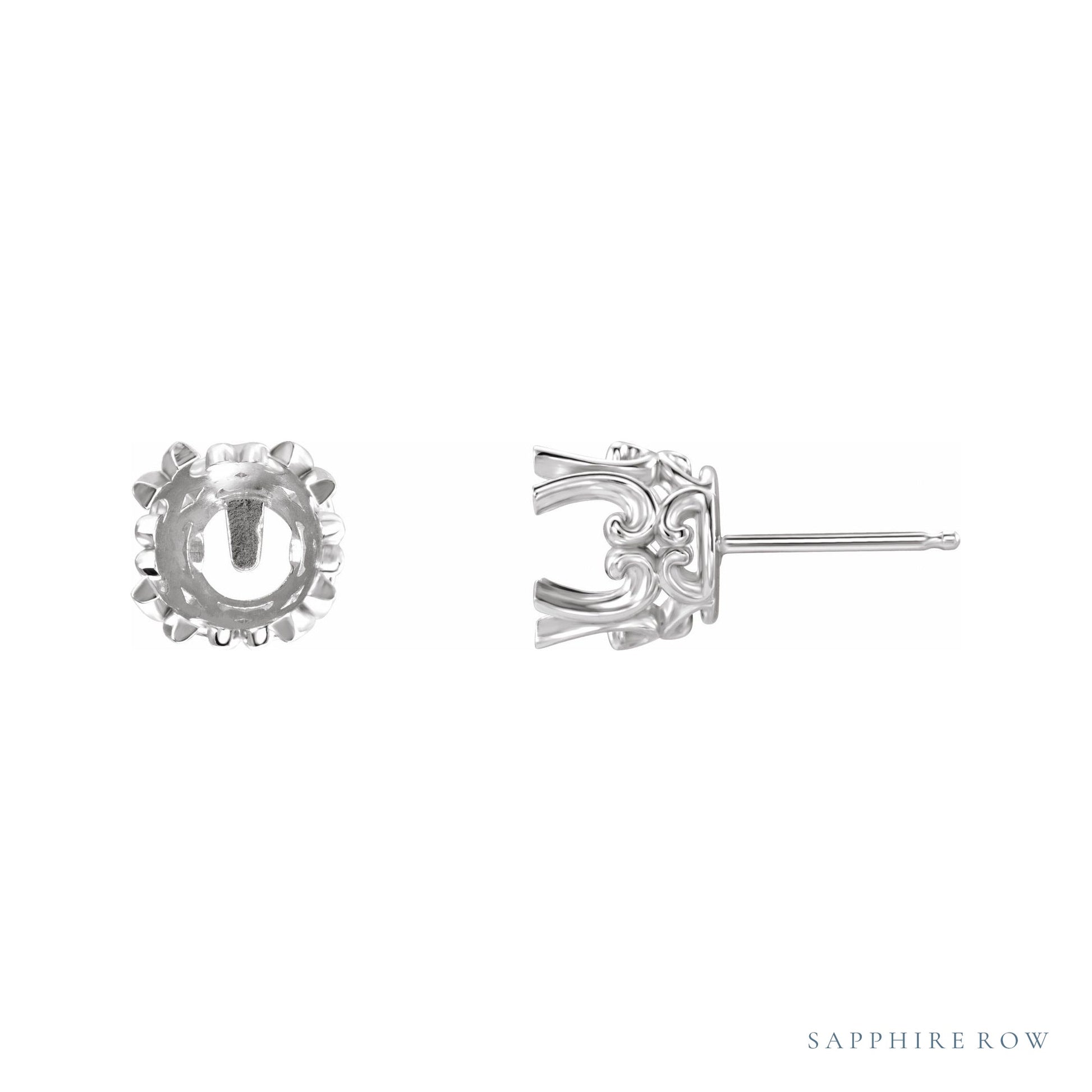 Sapphire Row Round Twin 4-Prong Scroll Stud Earrings setting in Platinum, shown with a center stone (sold separately)